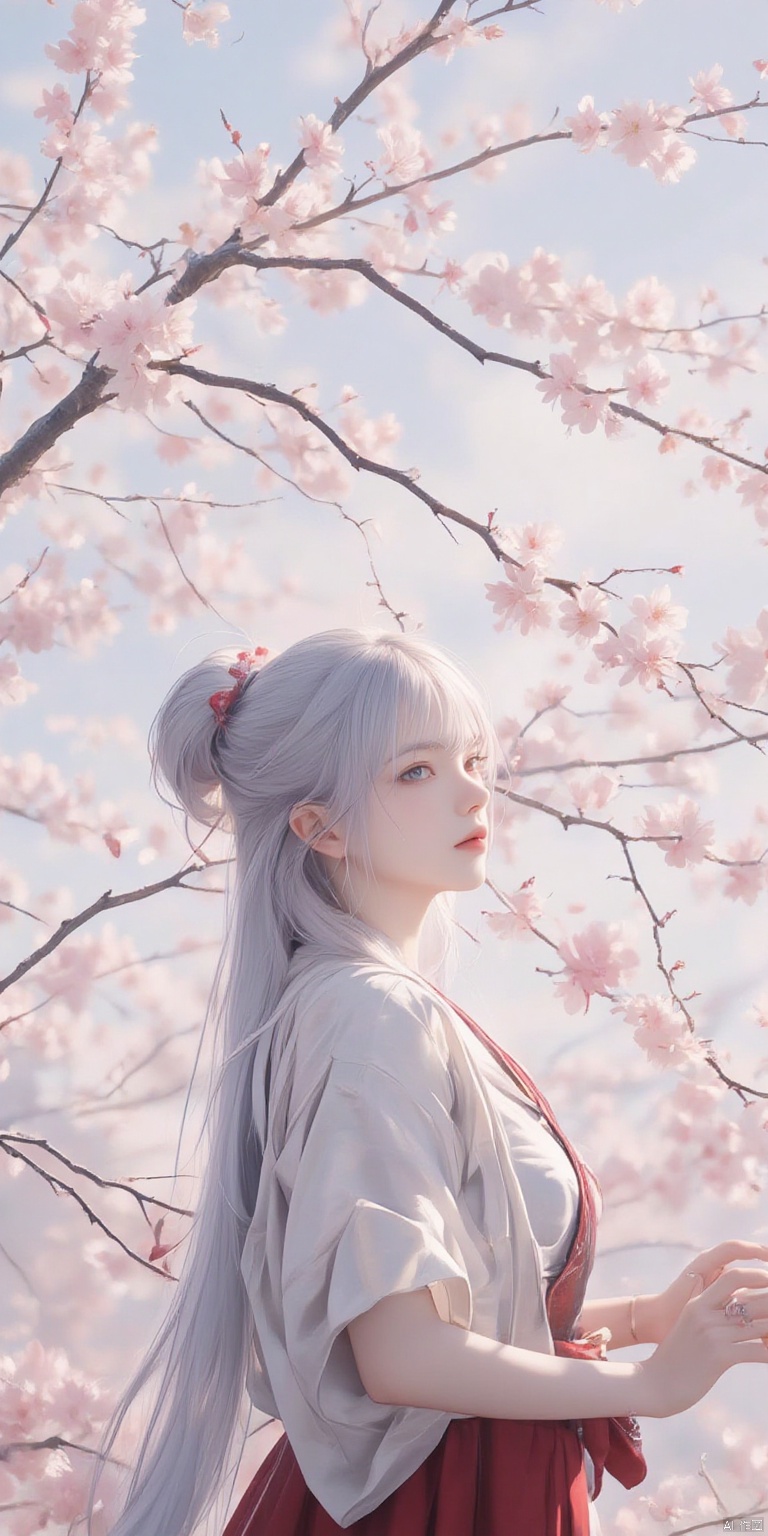 BZDSMHF
a woman stands in front of a cherry blossom tree. She is dressed in a traditional Japanese kimono
adorned with a white shirt and a red skirt. Her hair is tied back in a ponytail
adding a touch of color to the scene. The tree branches are adorned with cherry blossoms
their branches reaching out to the sky. The sky is a pale blue
with a few wispy clouds in the distance.





