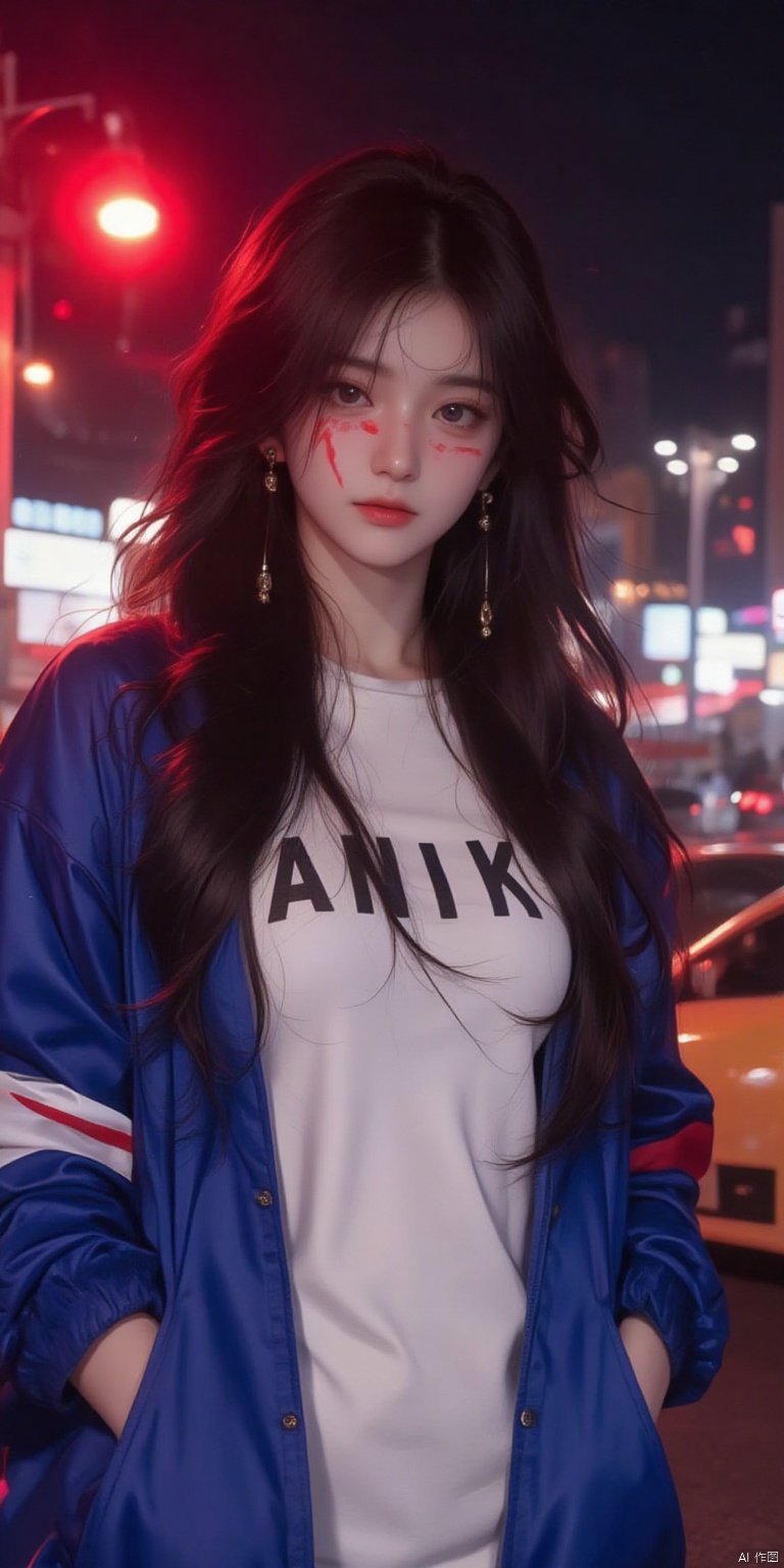 BZDSMHF
BZDSMHF
Captured at eye-level
a close-up shot captures a young Asian woman with long dark hair
wearing a white t-shirt with the word "ANIK" written on the front in black letters. She is wearing a blue jacket with a white stripe down the left side of the jacket. The woman's face is covered in red paint
adding a pop of color to her outfit. The backdrop is a city street at night
with a yellow car parked on the right side. The street is illuminated by a red light
creating a vibrant contrast to the woman's outfit.
