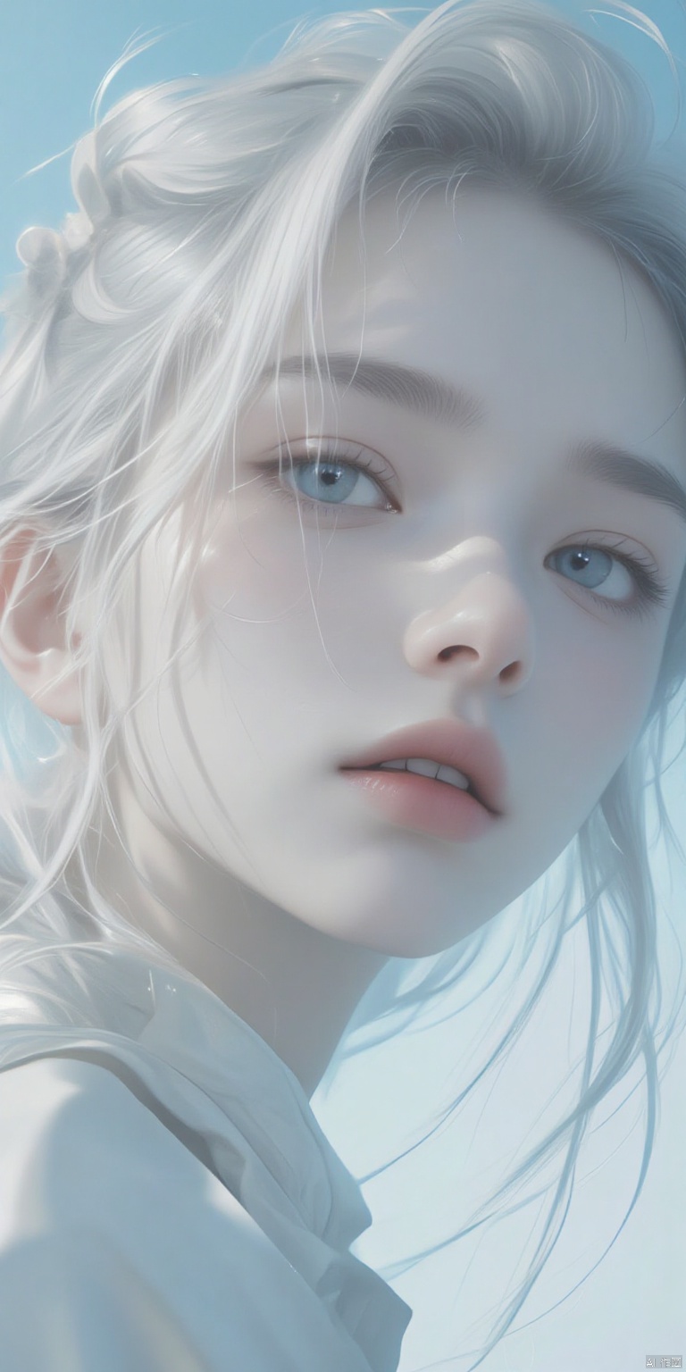 BZDSMHF
a medium-angle shot of a woman's face is depicted in a close-up shot. The woman's eyes are a piercing blue
and her long
wavy blonde hair cascades over her shoulders. Her lips are a vibrant shade of pink
adding a pop of color to the scene. The backdrop is a light blue
creating a stark contrast to the woman's white skin. The shadow of the woman is cast on the left side of the image
adding depth to the composition.
