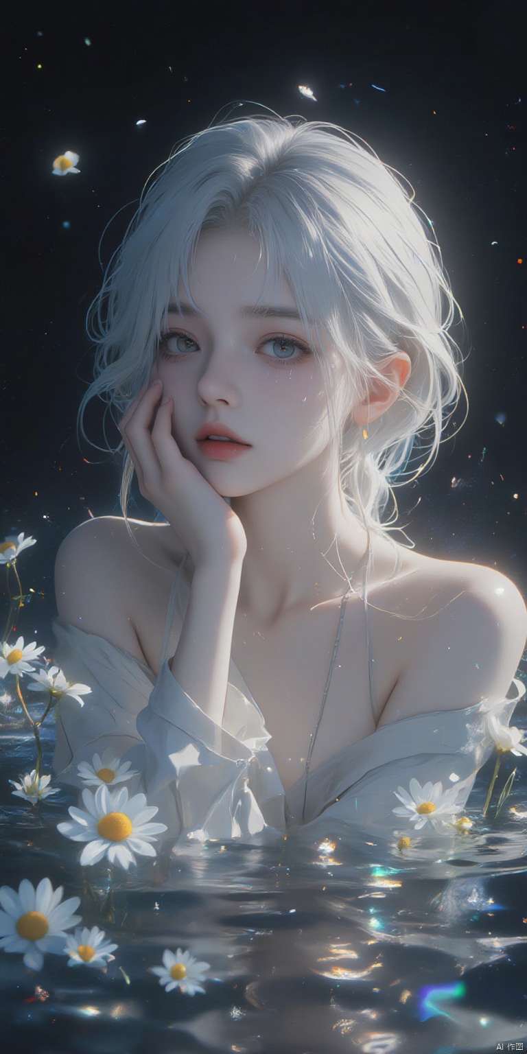 BZDSMHF
(masterpiece),(best quality),illustration,ultra detailed,hdr,Depth of field,(colorful),(chromatic aberration),(beautiful young female:1.4),(streaming tears),sad,(daisy),(daisy),(daisy),looking at viewer,partially submerged,both hands on own cheek,{see-through long shirt},{no bra},(white hair, short hair, bangs:1.2),(glowing eyes),ripples,dark water,black background,(prismatic),