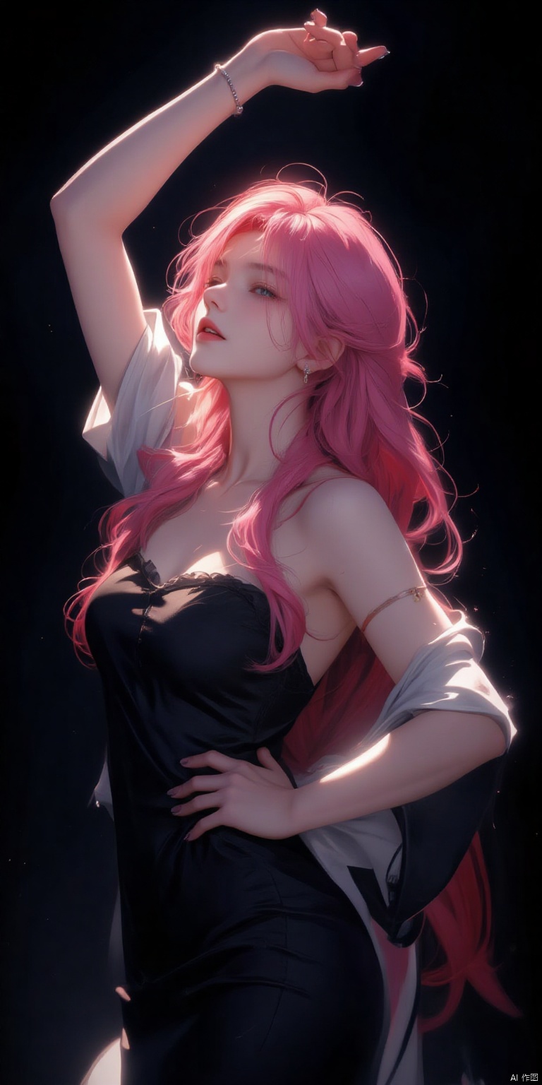 BZDSMHF
a digital painting of a woman with long
wavy blonde hair stands with her left arm raised above her head. Her right arm is stretched out to the side of her face
while her left hand rests on her hip. She is wearing a black strapless dress with a white shawl draped over her shoulders. The woman's hair is a vibrant shade of pink
adding a pop of color to the scene. The backdrop is a stark black
creating a stark contrast to the woman's outfit.

