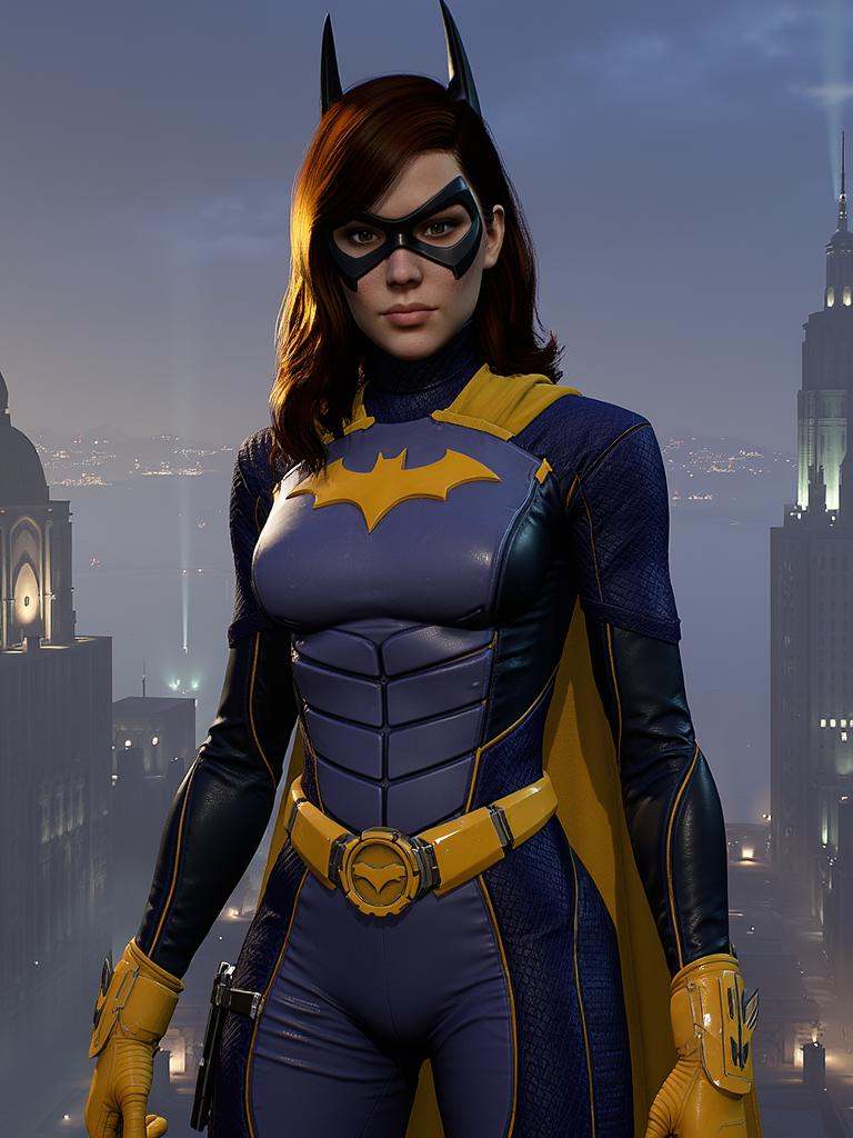 Batgirl, full body, hero pose,  Gotham city background, <lora:batgirl_gotham_knights_v2:1>