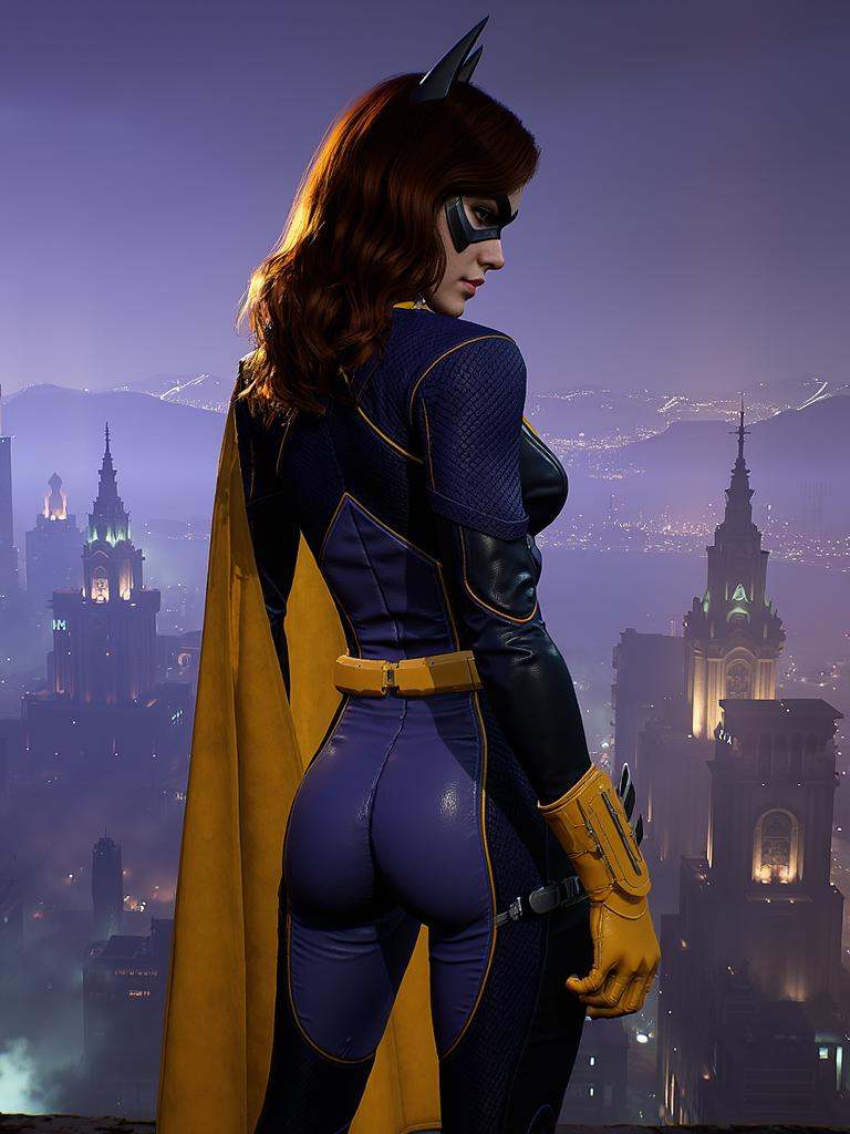 Batgirl, full body, hero pose, back side, Gotham city background, <lora:batgirl_gotham_knights_v2:1>