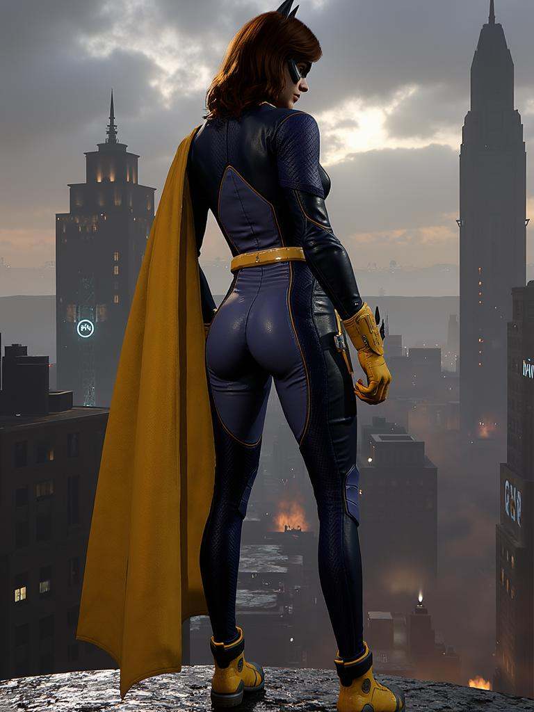 Batgirl, full body, hero pose, back side, Gotham city background, <lora:batgirl_gotham_knights_v2:1>