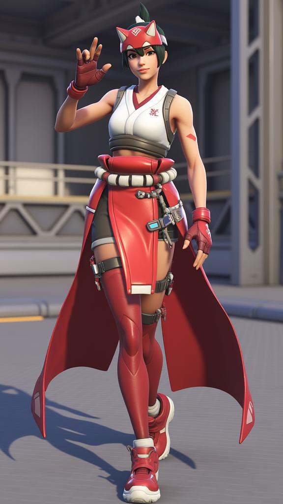 Kiriko a young girl character in the Overwatch video game series is depicted. She stands confidently in a dynamic pose with her right leg slightly forward and her left arm bent at the elbow fingers splayed as if she's about to make a gesture. She wears a vibrant red outfit with white and black accents. Her hair is styled in a short bob and adorned with a red and white headband. Her outfit includes a white sleeveless top with a high collar and a red scarf tied around her neck. A long flowing red cape drapes over her shoulders and down her back adding a sense of movement and dynamism to her appearance. She also wears red fingerless gloves black shorts and knee-high red boots with white accents. The background features an industrial setting with metallic structures and pipes suggesting a futuristic or sci-fi environment. The ground appears to be a metallic surface with a grid pattern. The overall color palette is dominated by shades of red white and black complemented by the cool tones of the metallic structures in the background. The image has a high level of detail and vibrancy typical of high-quality digital art, <lora:kiriko-overwatch-2-v2:1>