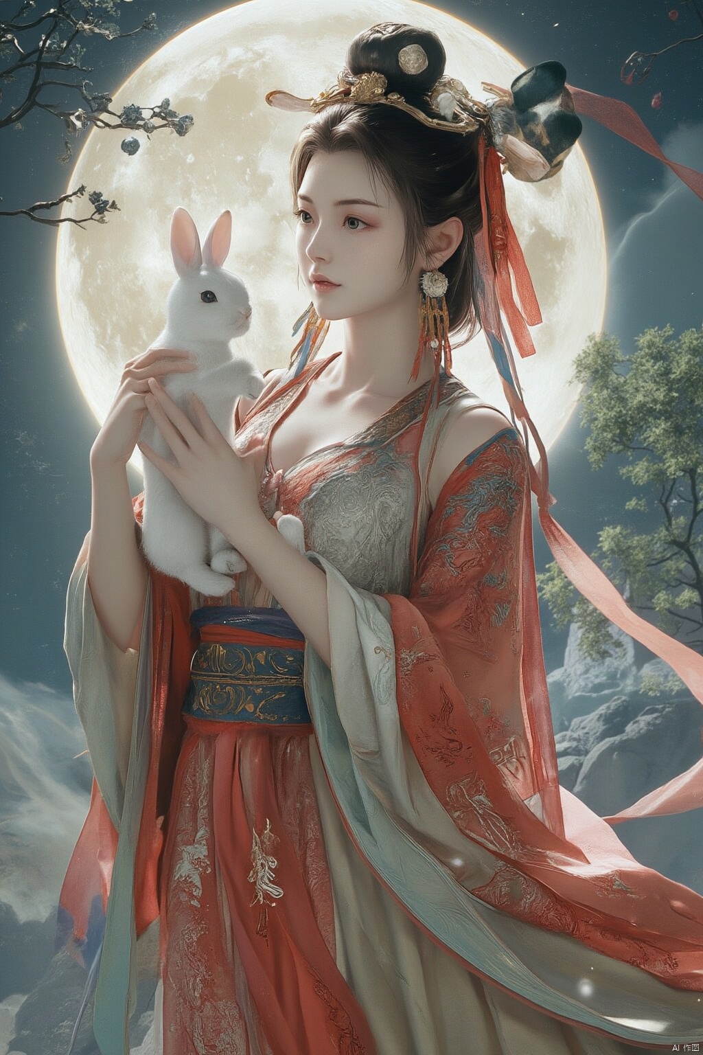 Best quality, Realistic, photorealistic, masterpiece,In the style of illustration, a mythical woman Chang 'e holds a white rabbit in her hands, with a full moon and an osmanthus tree behind her,Xyunxiao,(big breasts:1.99),Xxiaolongnv,Xyuanyao,Xtifa,XAerith