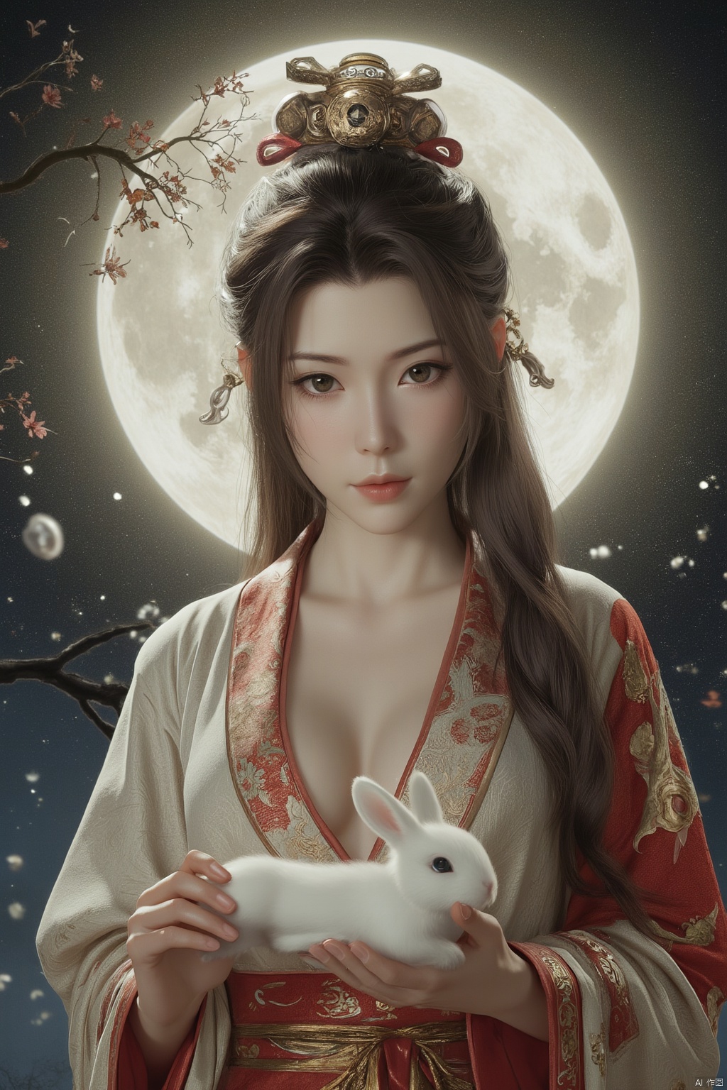 Best quality, Realistic, photorealistic, masterpiece,In the style of illustration, a mythical woman Chang 'e holds a white rabbit in her hands, with a full moon and an osmanthus tree behind her,Xyunxiao,(big breasts:1.99),Xxiaolongnv,Xyuanyao,Xtifa,XAerith