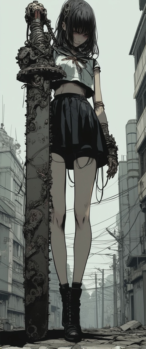 In a desolate urban landscape,  a striking Japanese girl in a sailor school uniform miniskirt stands tall,  her slender fr...