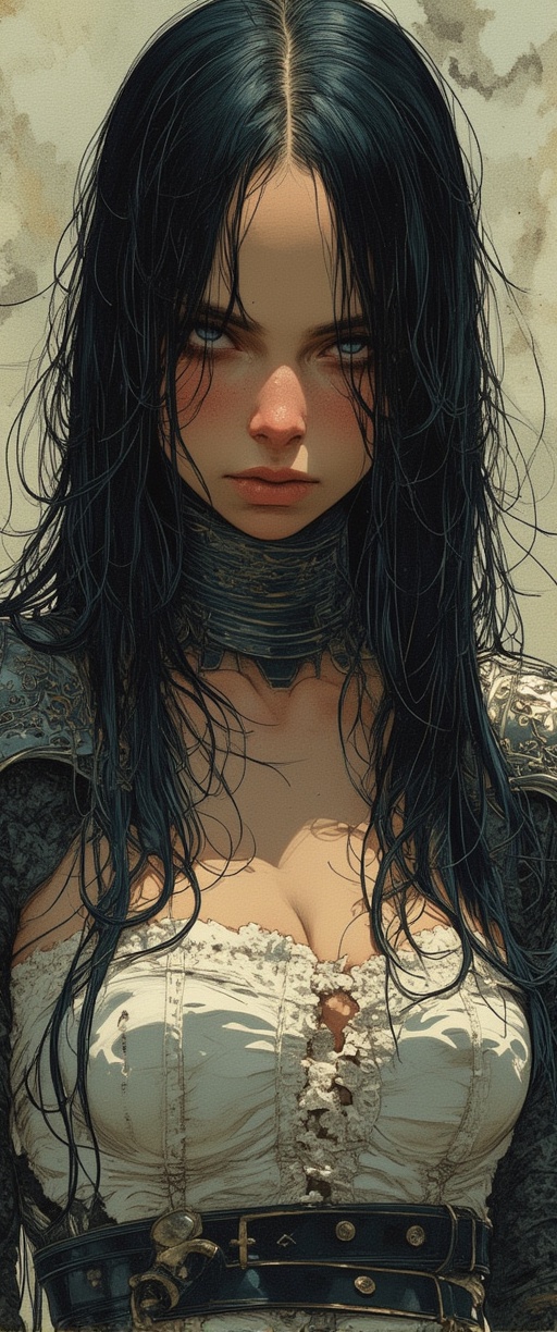 A stunning solo female figure with long,  black hair cascading down her back,  framing her striking features. Her piercing...