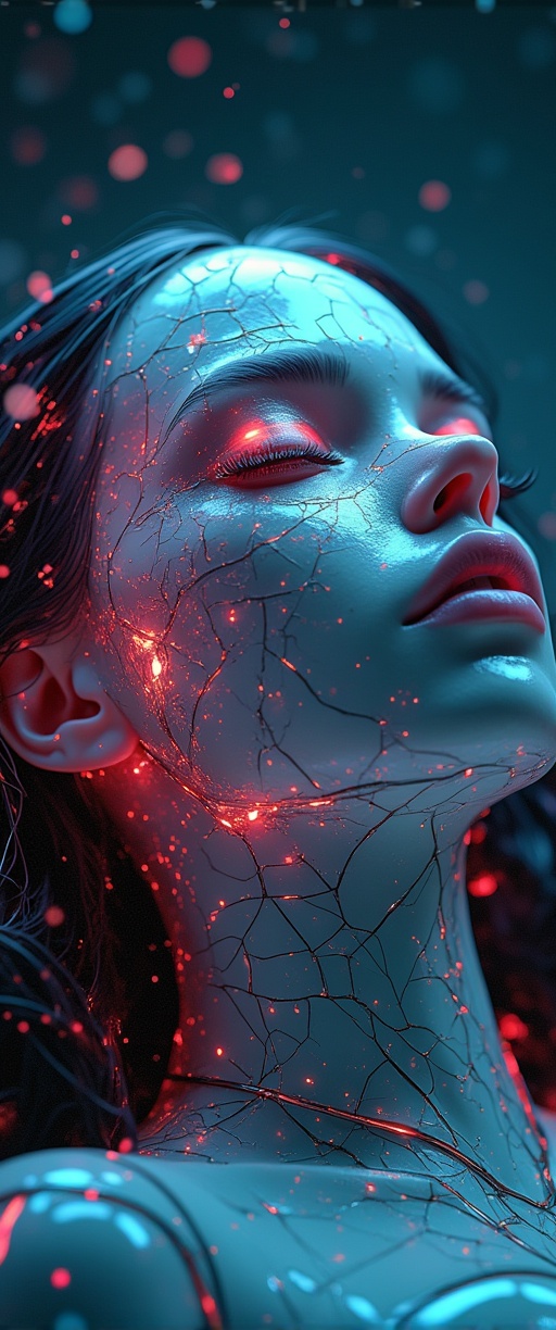 In a cinematic ,  a beautiful humanoid female cyborg lies broken on a cracked porcelain face,  her digital art exterior sh...
