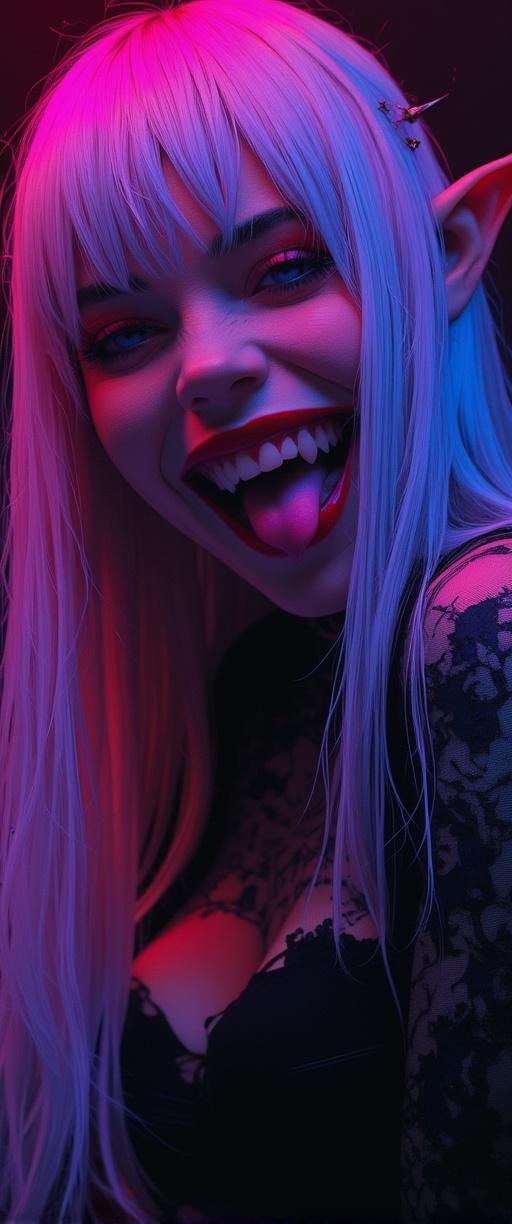 A sultry shot of a stunning solo female model,  looking directly at the viewer with a flirtatious smile and open mouth,  h...