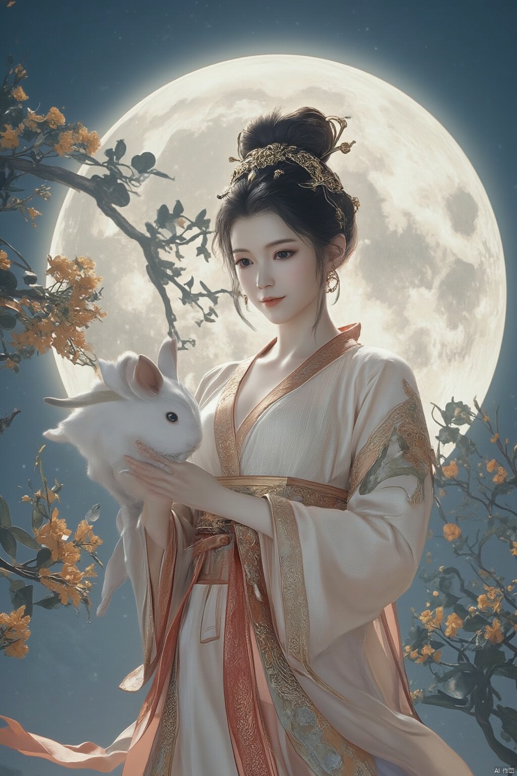 Best quality, Realistic, photorealistic, masterpiece,In the style of illustration, a mythical woman Chang 'e holds a white rabbit in her hands, with a full moon and an osmanthus tree behind her,Xyunxiao,(big breasts:1.99),Xxiaolongnv,Xyuanyao,Xtifa,XAerith