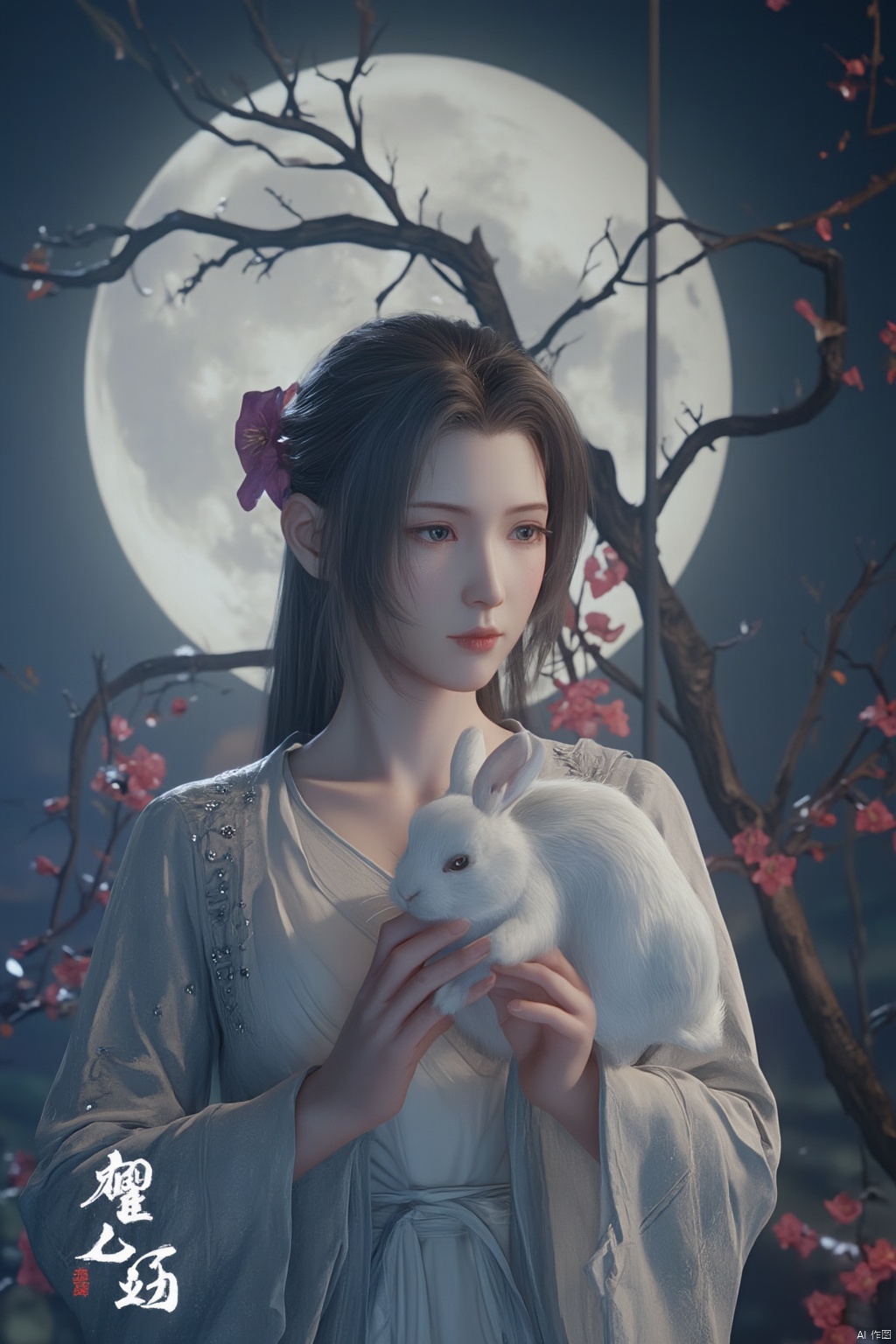Best quality, Realistic, photorealistic, masterpiece,In the style of illustration, a mythical woman Chang 'e holds a white rabbit in her hands, with a full moon and an osmanthus tree behind her,Xyunxiao,(big breasts:1.99),Xxiaolongnv,Xyuanyao,Xtifa,XAerith