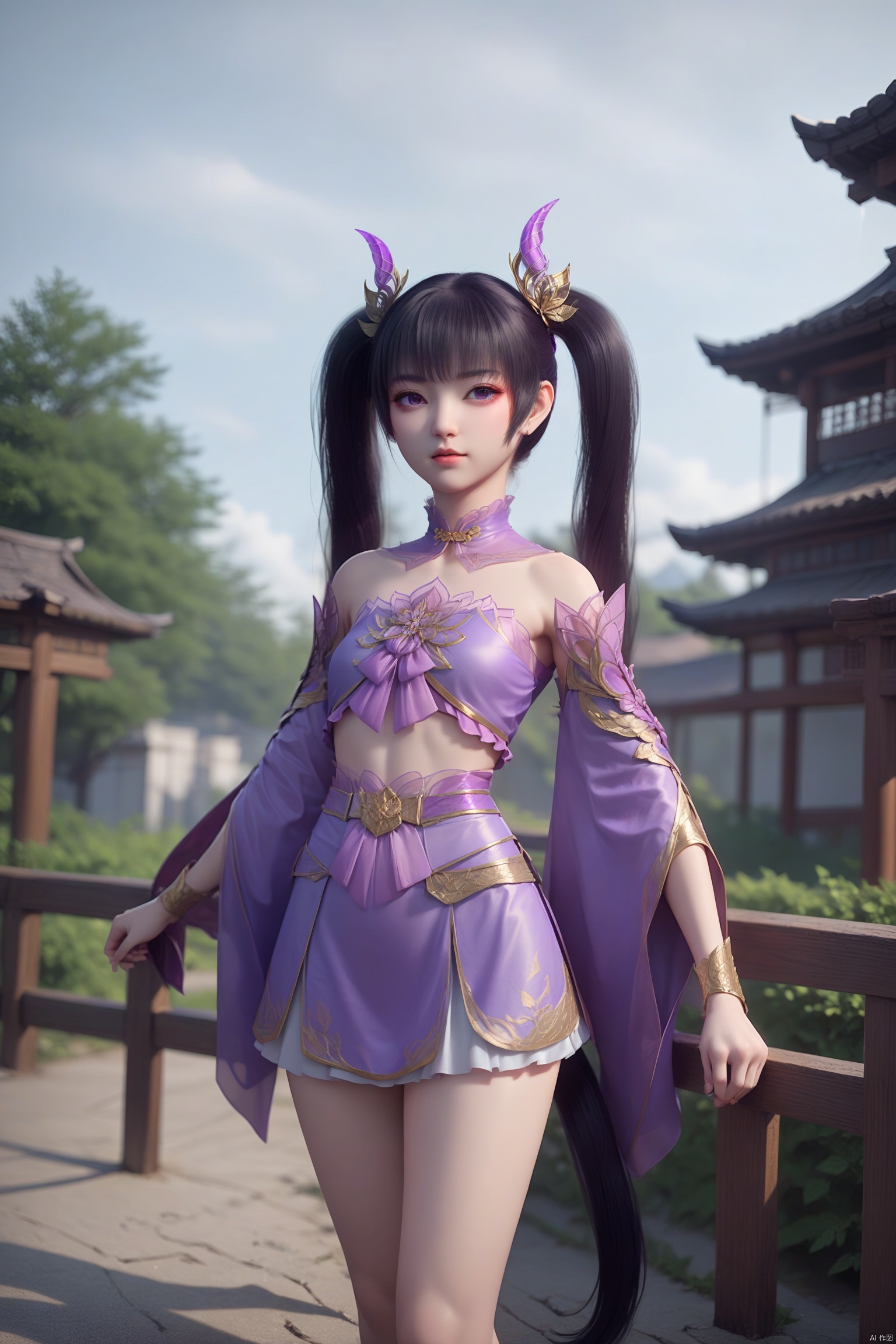 score_9,score_8_up,score_7_up,source_anime, 1girl,solo, dual horsetail ,black hair, Purple clothes ,ziyan