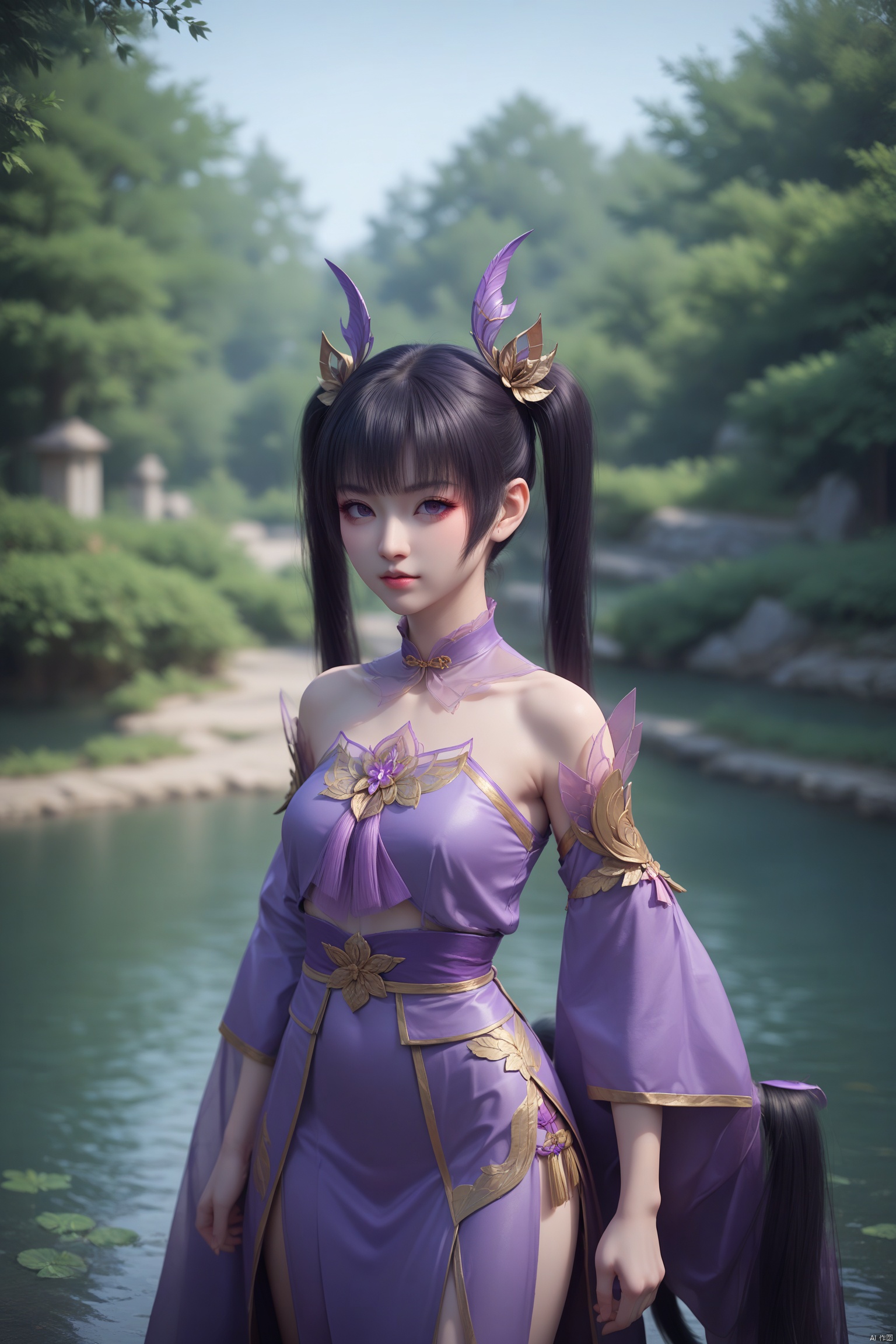 score_9,score_8_up,score_7_up,source_anime, 1girl,solo, dual horsetail ,black hair, Purple clothes ,ziyan