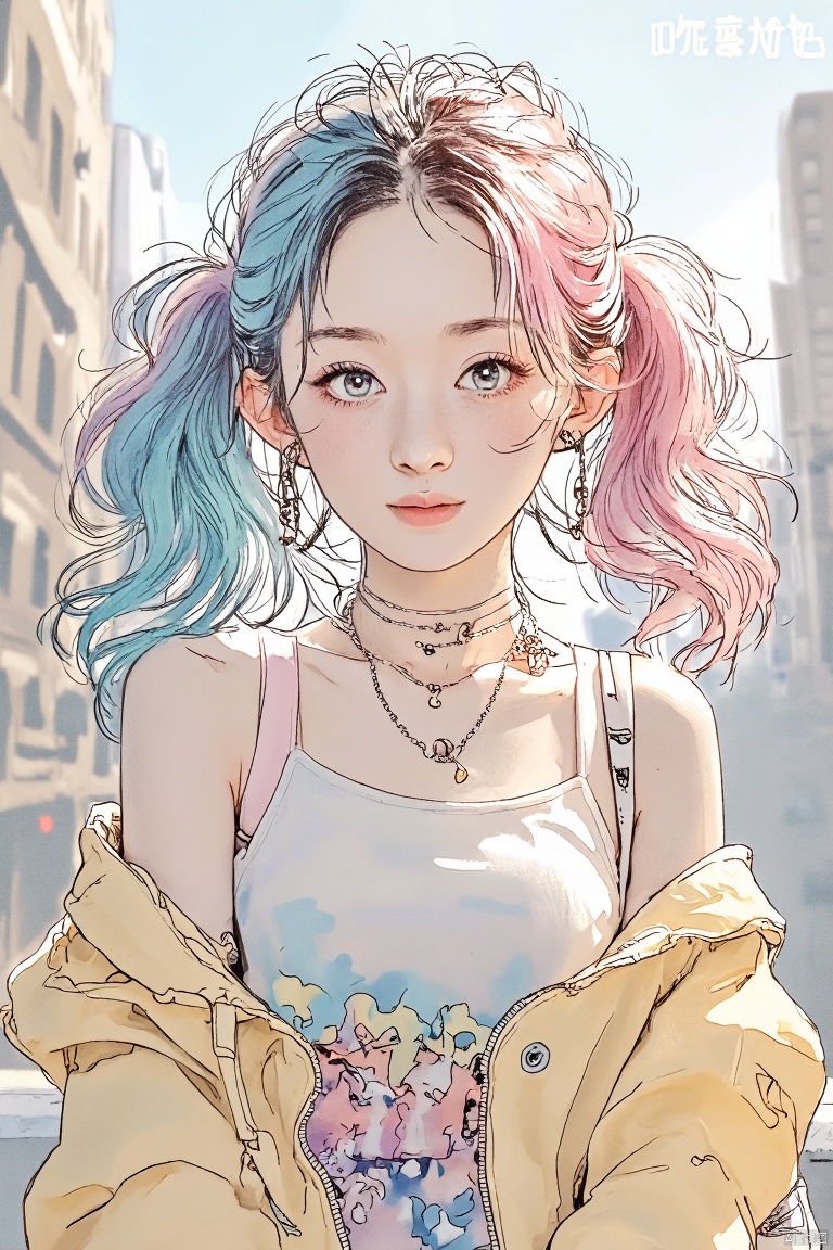 1girl, solo, breasts, looking at viewer, short hair, bangs, shirt, twintails, jewelry, medium breasts, blue hair, jacket, white shirt, upper body, pink hair, multicolored hair, earrings, outdoors, parted lips, open clothes , choker, day, necklace, bag, blurry, collar, two-tone hair, open jacket, lips, see-through, makeup, depth of field, blurry background, chain, piercing, backpack, ear piercing, print shirt,award- winning photography, best picture quality, high quality, exquisite details, perfect body proportions, high resolution, looking into the camera, atmosphere, rich details, ray tracing, {best quality}, {{masterpiece}}, {highres} , original, extremely detailed 8K wallpaper, {an extremely delicate and beautiful},,incredibly_absurdres,colorful,intricate detail,artbook,, neat figure