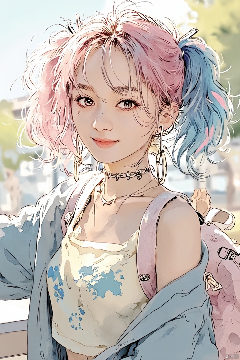 1girl, solo, breasts, looking at viewer, short hair, bangs, shirt, twintails, jewelry, medium breasts, blue hair, jacket, white shirt, upper body, pink hair, multicolored hair, earrings, outdoors, parted lips, open clothes , choker, day, necklace, bag, blurry, collar, two-tone hair, open jacket, lips, see-through, makeup, depth of field, blurry background, chain, piercing, backpack, ear piercing, print shirt,award- winning photography, best picture quality, high quality, exquisite details, perfect body proportions, high resolution, looking into the camera, atmosphere, rich details, ray tracing, {best quality}, {{masterpiece}}, {highres} , original, extremely detailed 8K wallpaper, {an extremely delicate and beautiful},,incredibly_absurdres,colorful,intricate detail,artbook,, neat figure