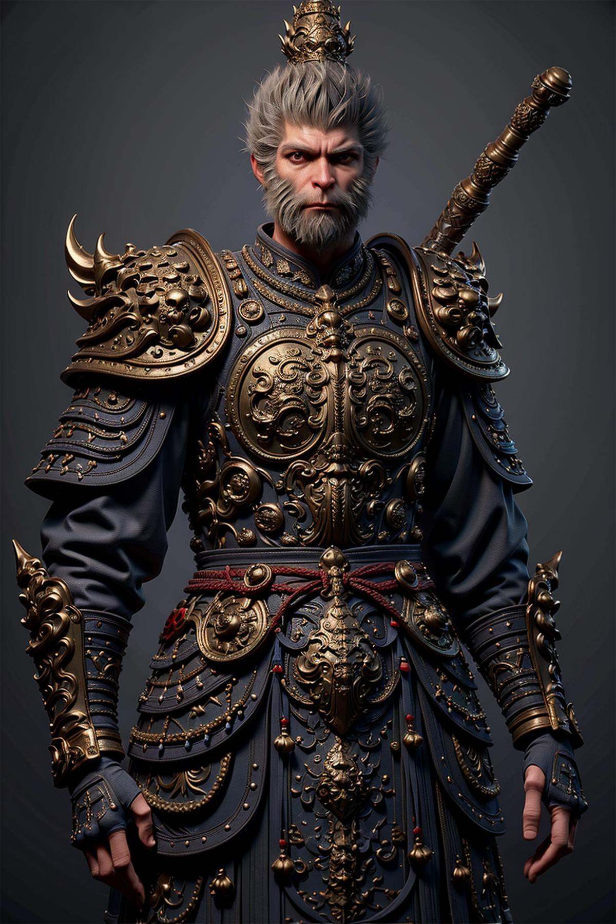 <lora:20240821-1724177470853-000010:0.7>,jqzx, Monkey king, armor, solo, 1boy, male focus, weapon, beard, facial hair, fingerless gloves, sword, gloves, weapon on back, looking at viewer, shoulder armor, grey hair, closed mouth, standing, cowboy shot, simple background, black gloves, sheathed, breastplate, long sleeves