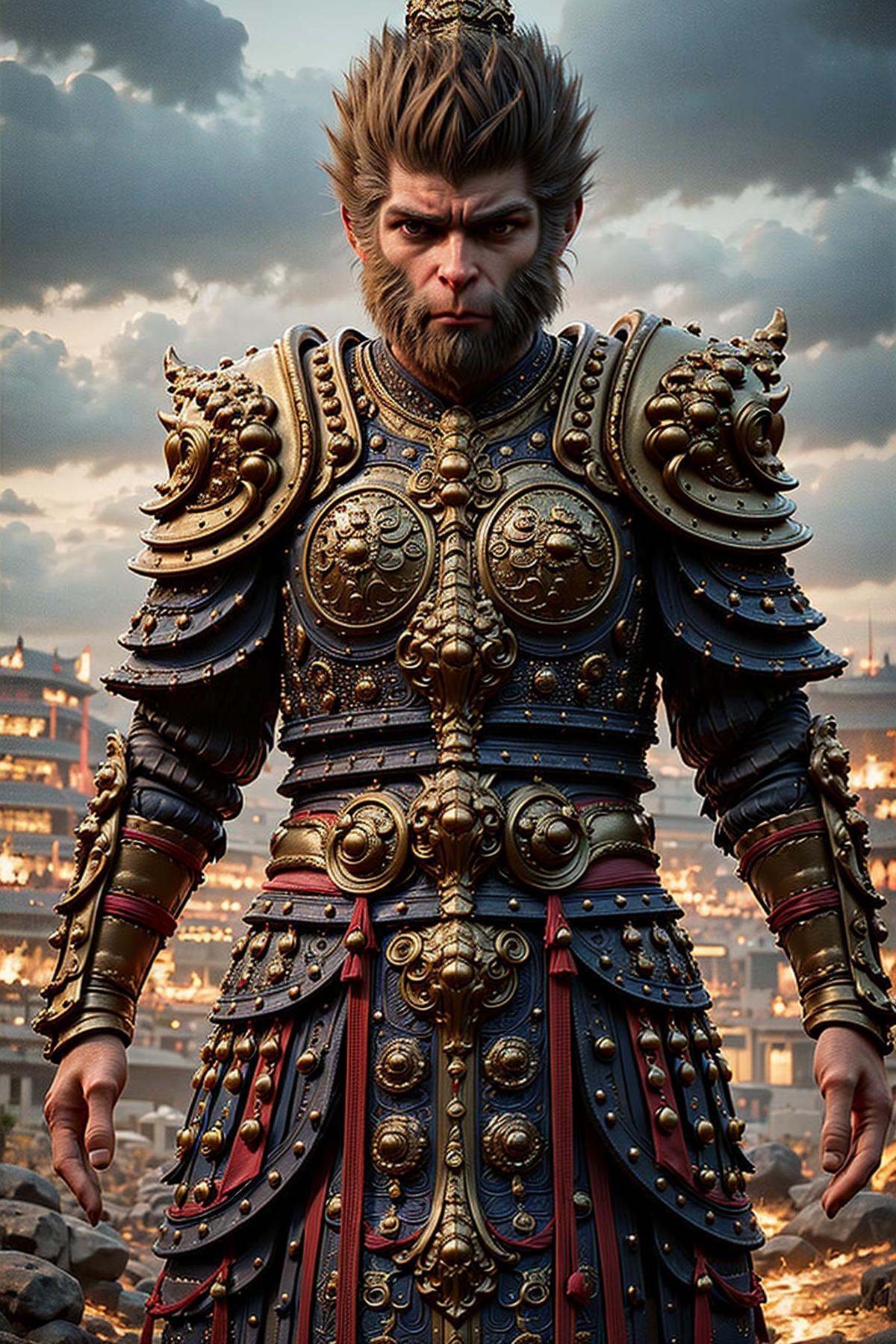 <lora:20240821-1724177470853-000006:0.8>,jqzx, Monkey king, armor, 1boy, male focus, solo, facial hair, beard, outdoors, cloudy sky, cloud, looking at viewer, shoulder armor, breastplate, sky, standing, brown hair, closed mouth, cowboy shot, realistic, grey sky, pauldrons