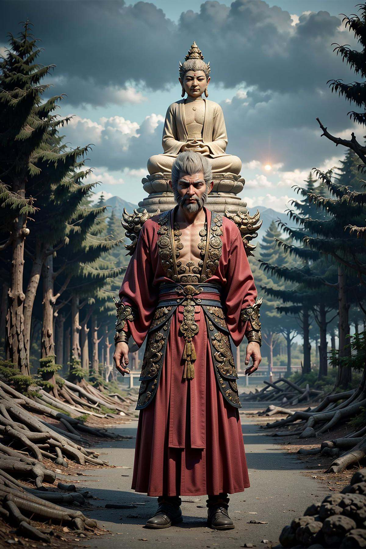 West Journey Style,a giant Chinese mythological budda god with glowing halo on his head in the clouds,sunset,low angle shot,a glowing white spiritual transparent eastern_dragon entrenched around him,special effects,standing in the woods,highly detailed,ultra-high resolutions,32K UHD,best quality,masterpiece,loong,
