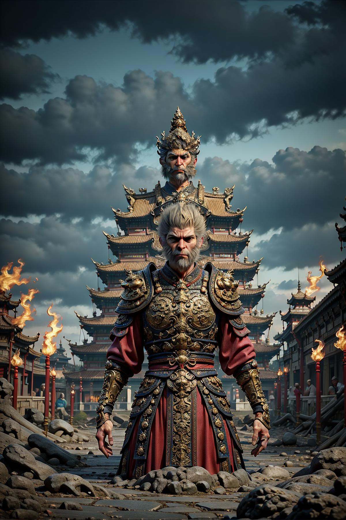 This poster depicts a powerful image of an ancient general. He is wearing a golden helmet. There are complex patterns and decorations on the helmet. His eyes are firm and powerful,as if he can penetrate the clouds and look straight ahead. The background is a turbulent sea and the dark sky,giving people a feeling of an upcoming storm. Below the picture,there is an ancient castle or fortress,it was surrounded by sea water and seemed to be under attack,and the whole scene was full of tension and war,The characters in this poster are all Chinese,and the castle is also a Chinese building,filled with smoke and flames,and the ruins of the castle,