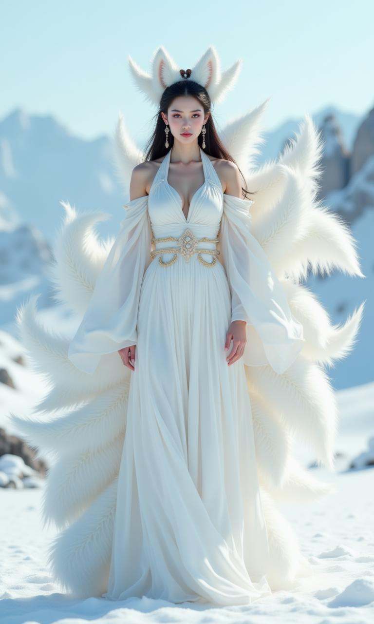 the nine tailed fox, with nine oversized fluffy tails and white fox ears, stands out with makeup, chinese clothing, hair accessories, jewelry, earrings, wide sleeves, and bare shoulders. it is sexy, seductive, and semi transparent on the snowy mountains. filled with incredibly rich details, creating realistic visual effects. realistic photography, the image shows a young woman standing in a snowy landscape with mountains in the background. she is wearing a long white dress with a high neckline and long sleeves. the dress is **** of a flowing fabric and has a gold belt around her waist. the woman has long dark hair styled in a dramatic updo with large white feathers on her head. the feathers are arranged in a way that creates a sense of movement and energy. the sky is blue and the overall mood of the image is dreamy and ethereal., nine tailed fox, Ultimate quality, extremely detailed, ultra-fine face, ultra-high definition 8K, 8K resolution,