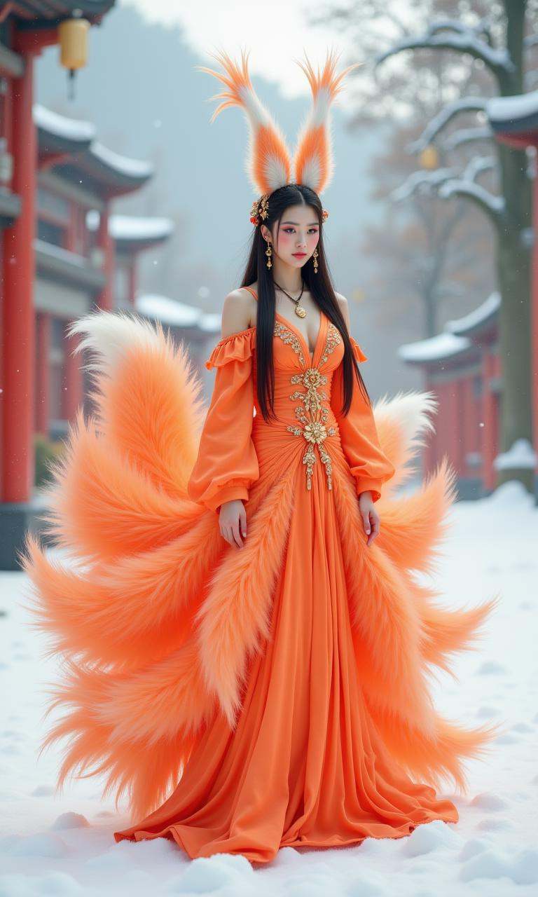 the nine tailed fox, with nine oversized fluffy tails and white fox ears, stands out with makeup, chinese clothing, hair accessories, jewelry, earrings, wide sleeves, and bare shoulders. it is sexy, seductive, and semi transparent on the snowy mountains. filled with incredibly rich details, creating realistic visual effects. realistic photography, the image shows a young woman standing in a snowy landscape with trees and a red gate in the background. she is wearing a long, flowing orange dress with a high neckline and long sleeves. the dress is **** of a luxurious fabric with a large, feathered skirt that cascades down to the floor. the woman has long dark hair styled in a dramatic updo with large, pointed ears on top of her head. she has a gold necklace and earrings that add a touch of elegance to her look. the overall mood of the image is magical and mystical., nine tailed fox, Ultimate quality, extremely detailed, ultra-fine face, ultra-high definition 8K, 8K resolution,