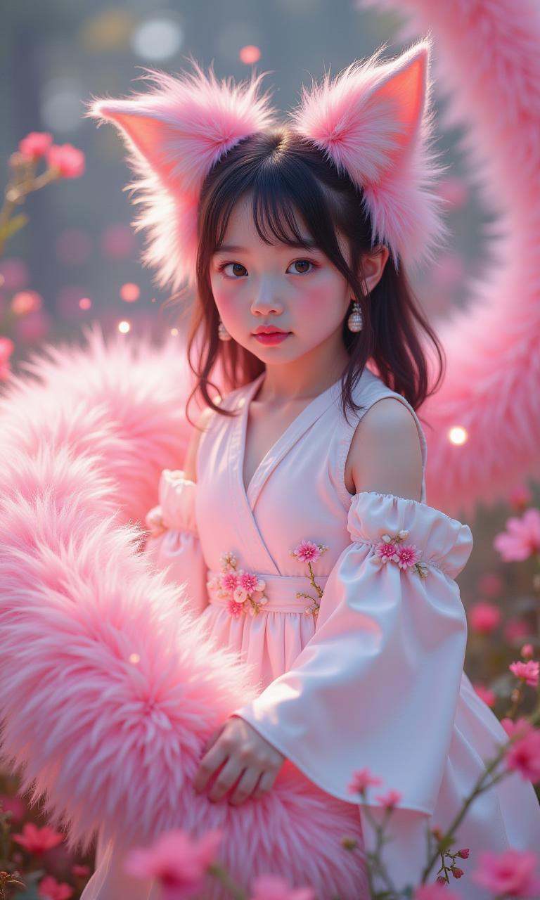 A beautiful photo,featuring a fox tail,fox ears,a cute little girl with 9 tails,a very cute face,a white silk dress (half body view) in a beautiful garden,looking at the audience,white smoke,(movie pose) aurora background,perfect face,perfect hands,detailed symmetrical circular iris,love magic,beautiful sky realism,stunning realism photos,3D rendering,octane rendering,intricate details,movies,isometric,fantasy themes,mysterious,transformed art masterpieces,deep red eyes,color grading,light illustrations,ultimate quality,extremely detailed,ultra-fine face,ultra-high definition 8k. Pink Lightning,Conceptual Art,Ultra Fine,Tri Color,Fantasy,Complex Details,Flash Screen,Complementary Colors Fantasy concept art,8K resolution,soft lighting,cinematography,cinematic graininess,surrealism,