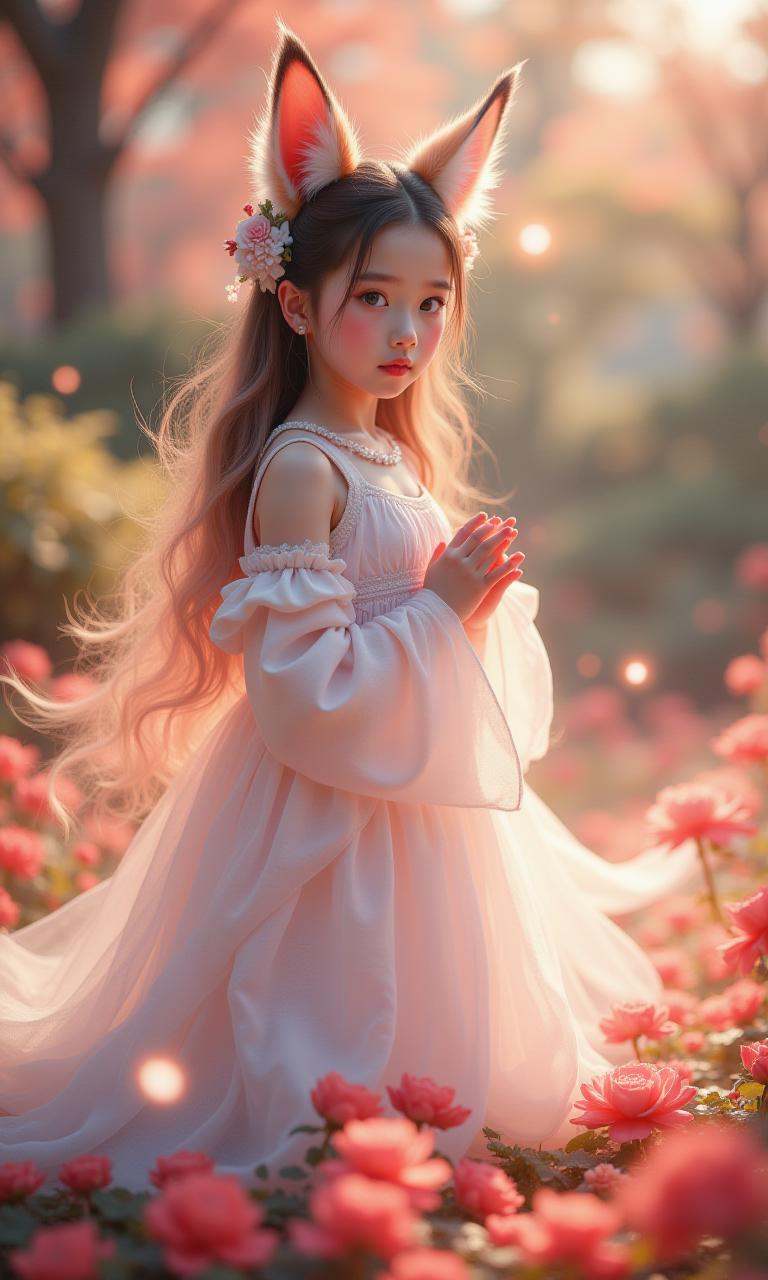 A beautiful photo,featuring a fox tail,fox ears,a cute little girl with 9 tails,a very cute face,a white silk dress (half body view) in a beautiful garden,looking at the audience,white smoke,(movie pose) aurora background,perfect face,perfect hands,detailed symmetrical circular iris,love magic,beautiful sky realism,stunning realism photos,3D rendering,octane rendering,intricate details,movies,isometric,fantasy themes,mysterious,transformed art masterpieces,deep red eyes,color grading,light illustrations,ultimate quality,extremely detailed,ultra-fine face,ultra-high definition 8k. Pink Lightning,Conceptual Art,Ultra Fine,Tri Color,Fantasy,Complex Details,Flash Screen,Complementary Colors Fantasy concept art,8K resolution,soft lighting,cinematography,cinematic graininess,surrealism,