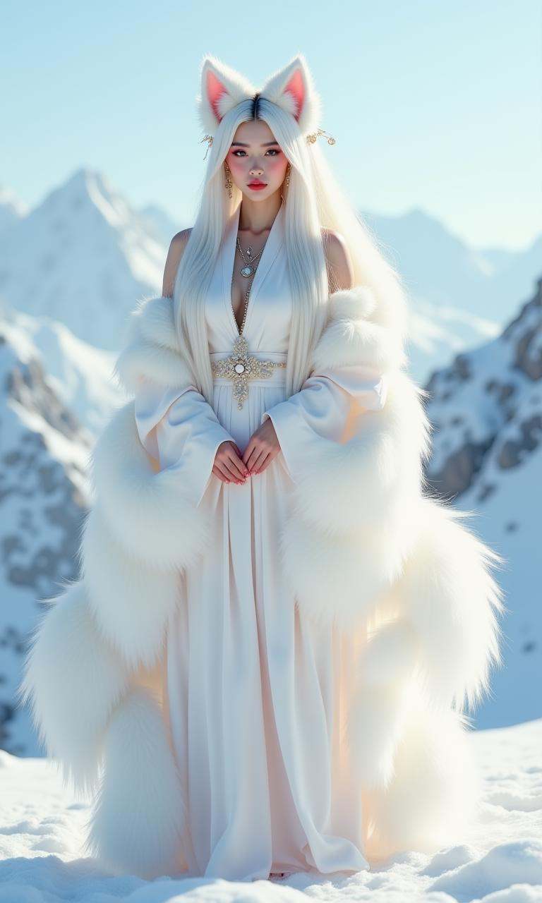 the nine tailed fox, with nine oversized fluffy tails and white fox ears, stands out with makeup, chinese clothing, hair accessories, jewelry, earrings, wide sleeves, and bare shoulders. it is sexy, seductive, and semi transparent on the snowy mountains. filled with incredibly rich details, creating realistic visual effects. realistic photography, the image is a portrait of a young woman standing in a snowy mountain landscape. she is wearing a long white dress with a high neckline and long sleeves. the dress is **** of a light pink fabric with a gold necklace and earrings. the woman has long white hair that is styled in a half-up, half-down look with cat ears on top. she has red lipstick on her lips and is looking directly at the camera with a serious expression. the background shows a mountain range covered in snow and a clear blue sky. the overall mood of the image is mystical and mystical., nine tailed fox, Ultimate quality, extremely detailed, ultra-fine face, ultra-high definition 8K, 8K resolution,