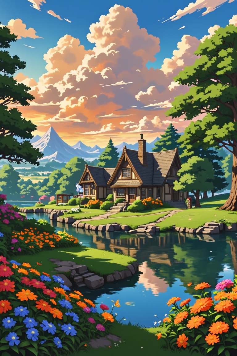 A serene landscape of a house nestled among lush trees,  surrounded by the tranquil beauty of a lake. A tapestry of colorf...
