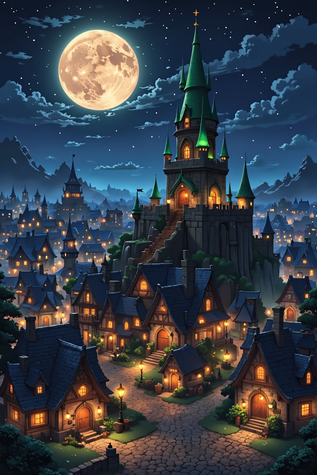 A serene and mystical nighttime scene unfolds: a full moon rises majestically over a quaint village,  bathed in a kaleidos...