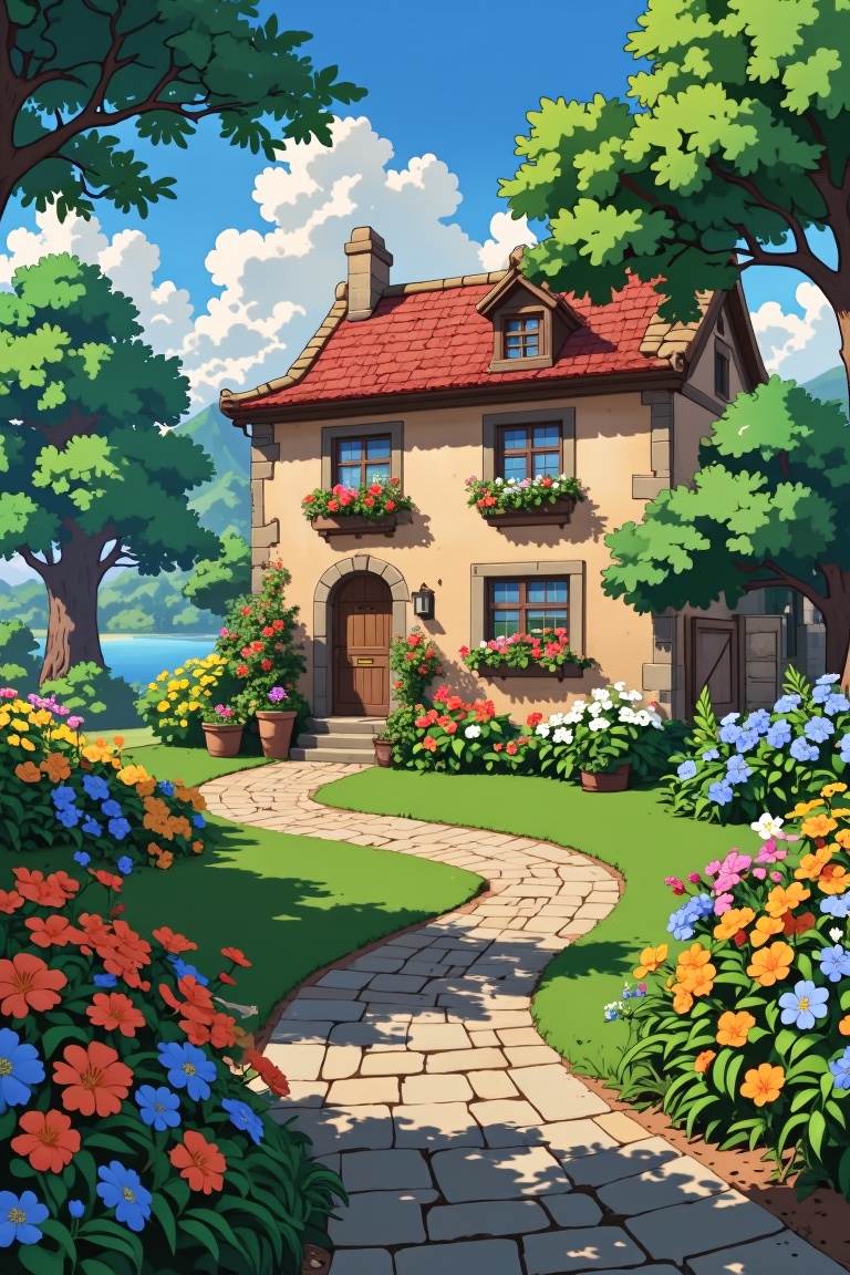 A serene scene unfolds: a creamy-colored house with a red-tiled roof,  adorned with vibrant flowers,  situated on a windin...