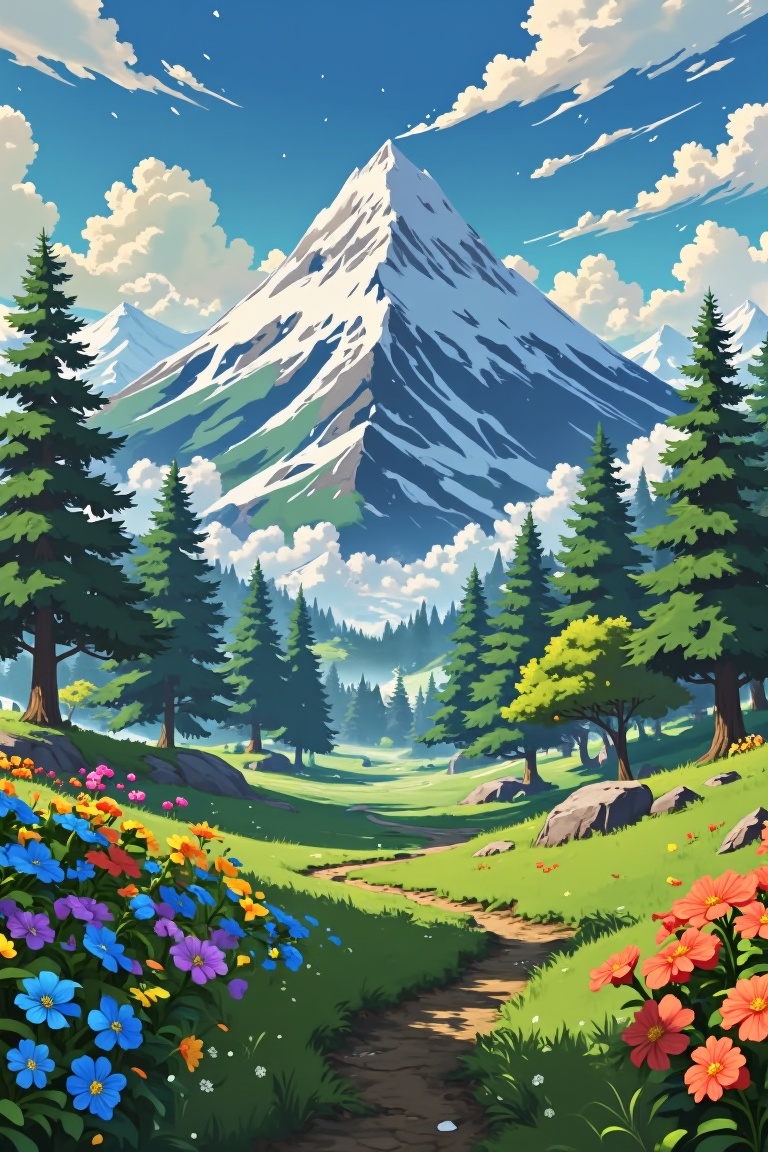 Snow-capped mountain peak dominates the serene winter landscape. A lush green meadow stretches before it,  dotted with tow...