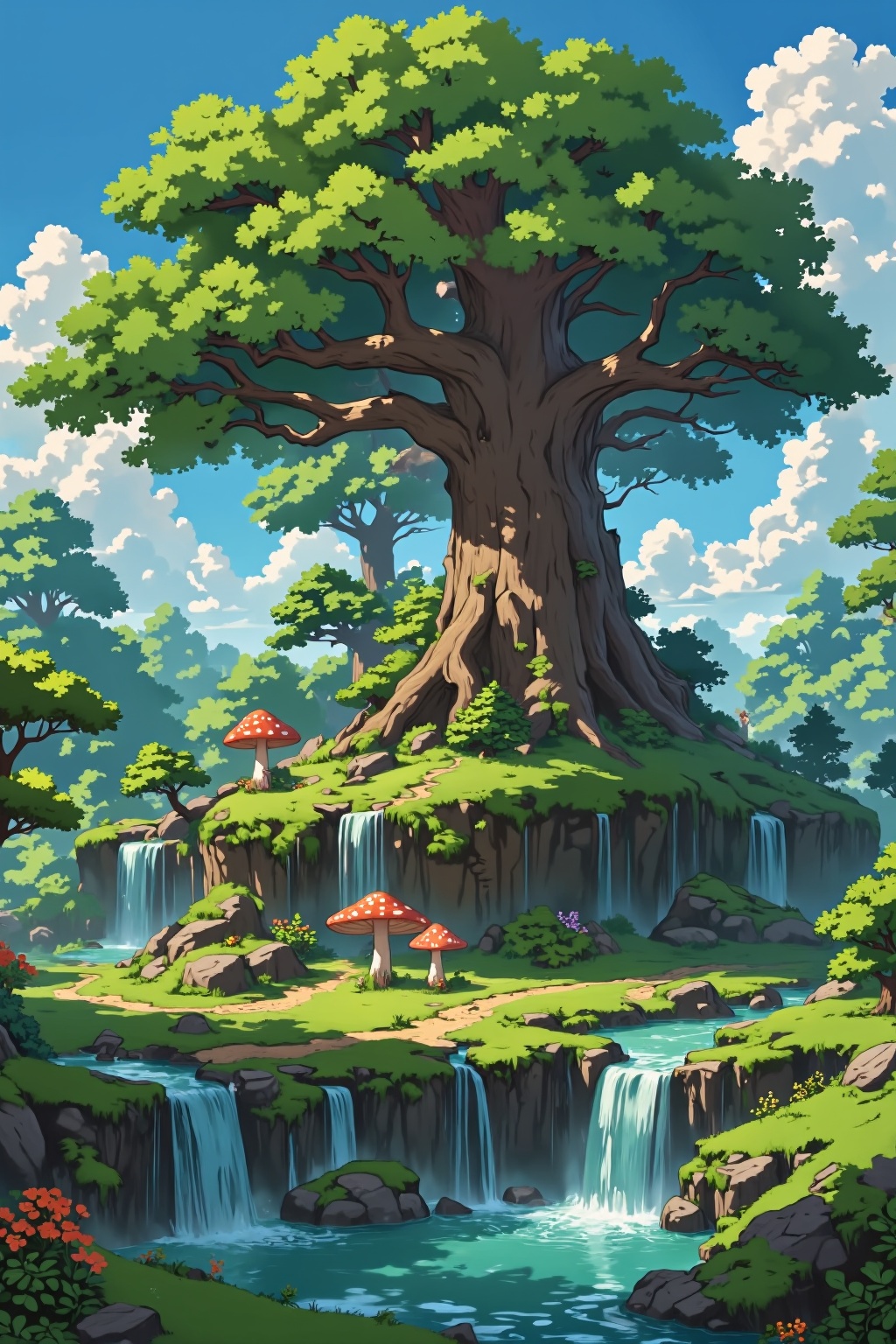 In this enchanting animated painting,  a majestic brown tree stands tall in the heart of a lush green forest. Two whimsica...