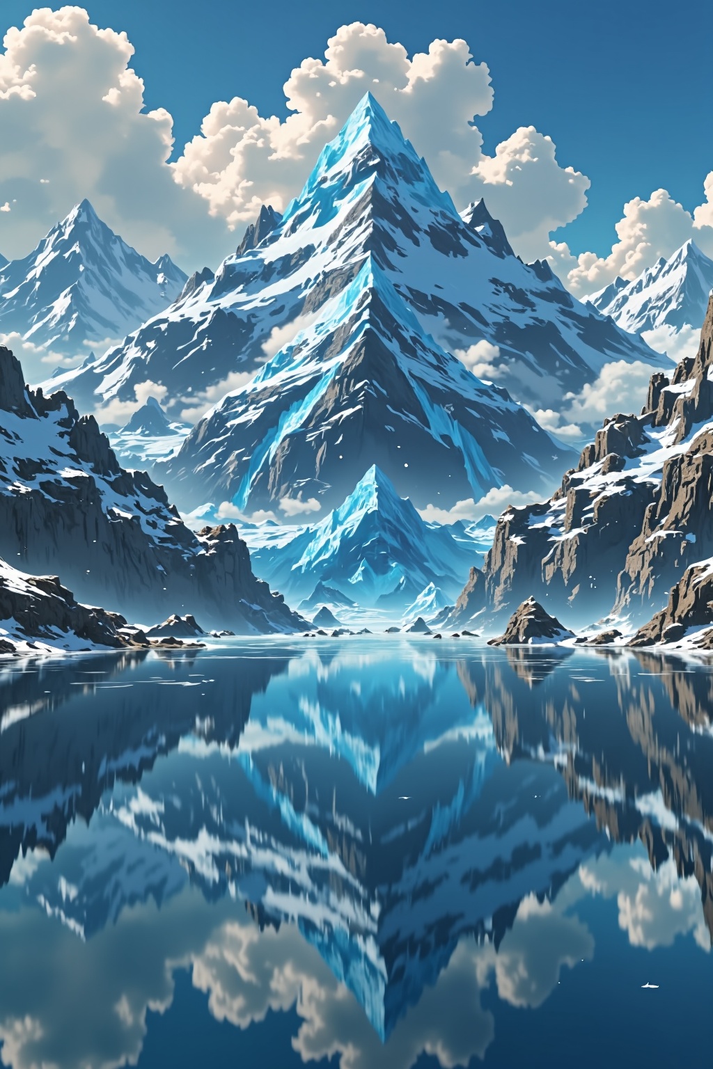 A majestic mountain range,  captured from an eye-level perspective,  dominates the frame as it stands out against a brilli...