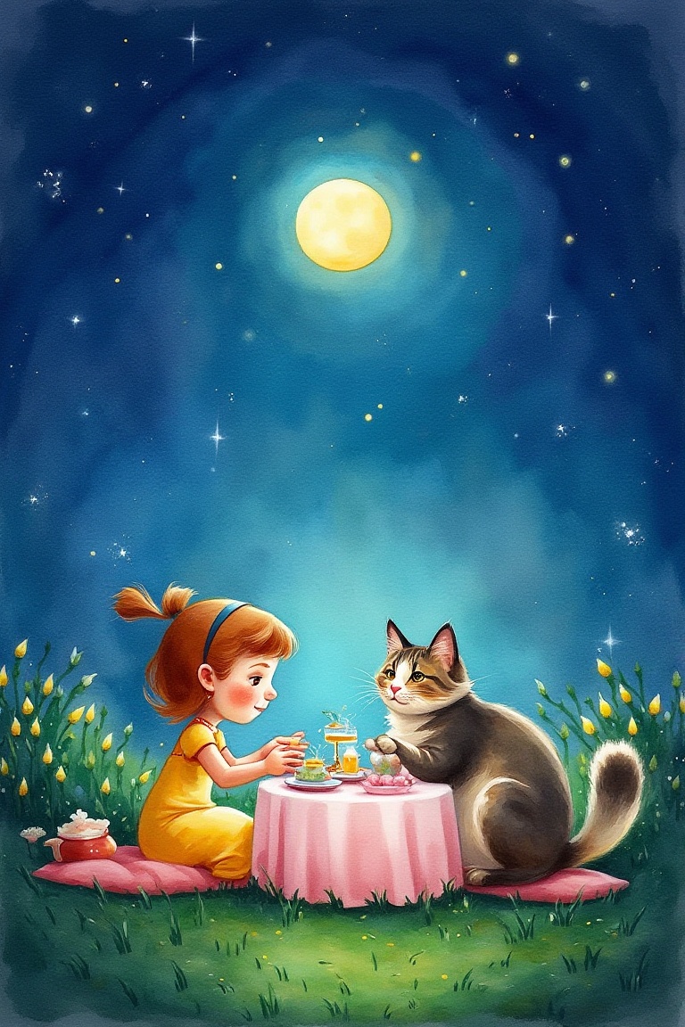 watercolor painting,  ch style,  a little girl and a cat are having a tea party under the starry sky. We see the moon. on...
