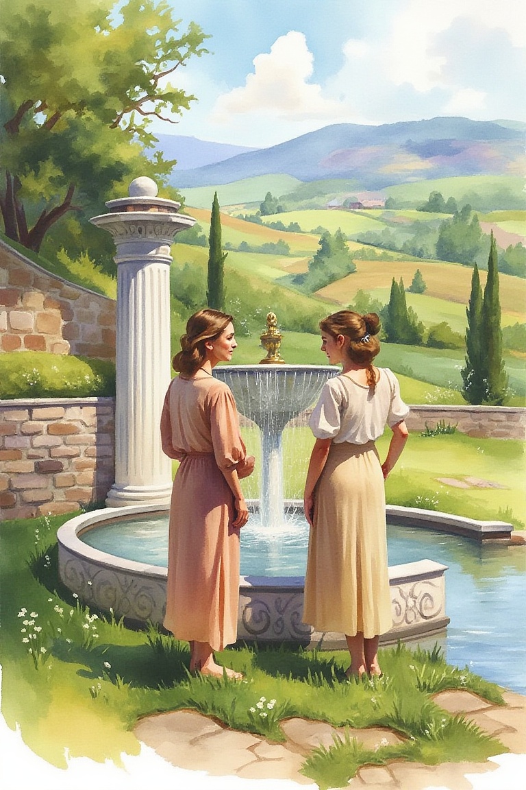 watercolor painting,  vl style,  two women are standing by a water fountain. There is a rural landscape in the background....
