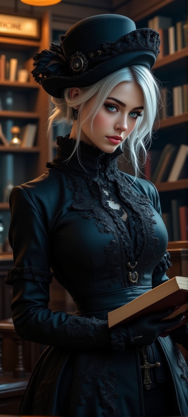 Design a scene where this woman,  dressed in a corseted Steampunk-Victorian dress,  is reading a book in a dimly lit libra...