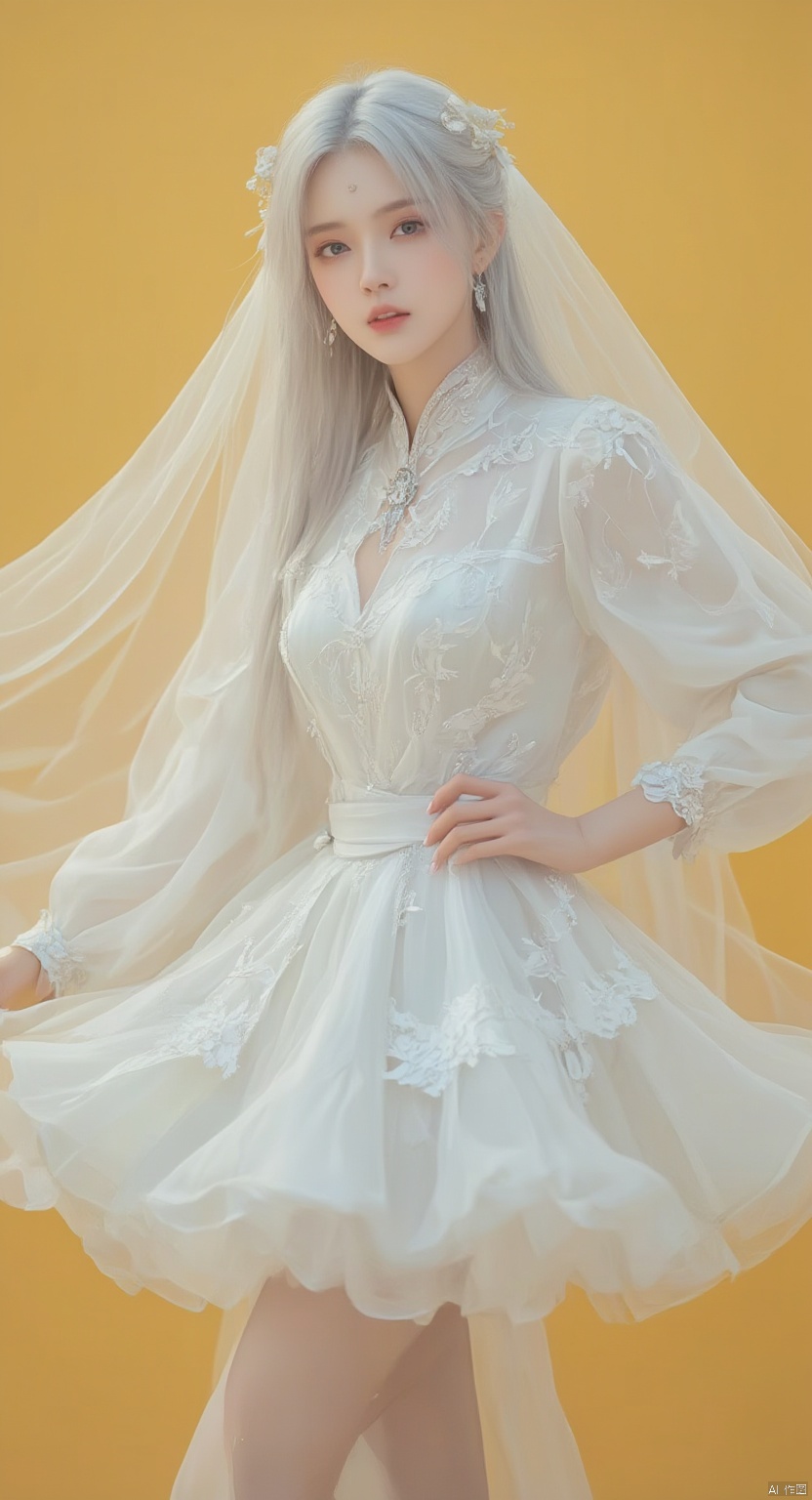 s,1girl,white hair,long hair,hair ornament,forehead mark,photography,super realistic,dynamic,exquisite (photography:1.3),(wedding_dress),(white wedding dress),simple background,yellow_background,(bubble skirt),, ((best quality)),((masterpiece)),((ultra-detailed)),HDR,