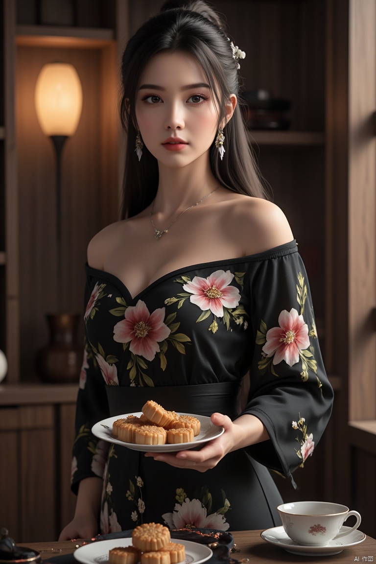 Portrait photography, a beautiful woman in black kimono adorned with flowers. is wearing a black cheongsam, holding a plate of mooncakes in her hand, a tea set on the table, Off shoulder,sexy