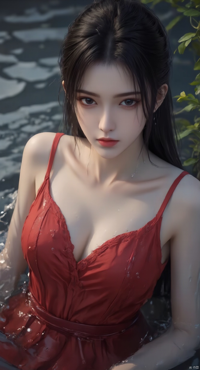yuanyao,1girl,black hair,long hair,red dress,dress,solo,looking at viewer,upper body,sleeveless,breasts,sleeveless dress,,bust,upper_body,portrait,(((water drops)),wet clothes,((beautiful detailed water)),((floating)),dynamic angle:1.1),