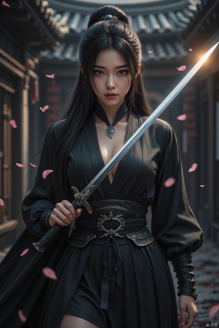 ,XUER martial arts style,1girl,very long hair,(black attire),(asian:1.1),beautiful face,chinese building,east asian architecture,holding sword,masterpieces,inctricate detailed,detailed background,insane quality,extremely beautiful and dedicated,realistic,real,absurdres,ultra-high resolution,sharp focus,dark,chiaroscuro,low-key,shining sword,glowing sword,,bare thighs,(big breasts),flying light particles,falling petals,Crepuscular Rays,