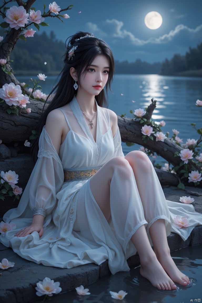 SFW,(masterpiece:1.2),best quality,absurdres,masterpiece,original,extremely detailed wallpaper,perfect lighting,(extremely detailed CG:1.2),1girl, solo, long hair, black hair, hair ornament, dress, jewelry, flower, earrings, lying, sky, water, necklace, white dress, petals, bare legs, night, moon, night sky, branch