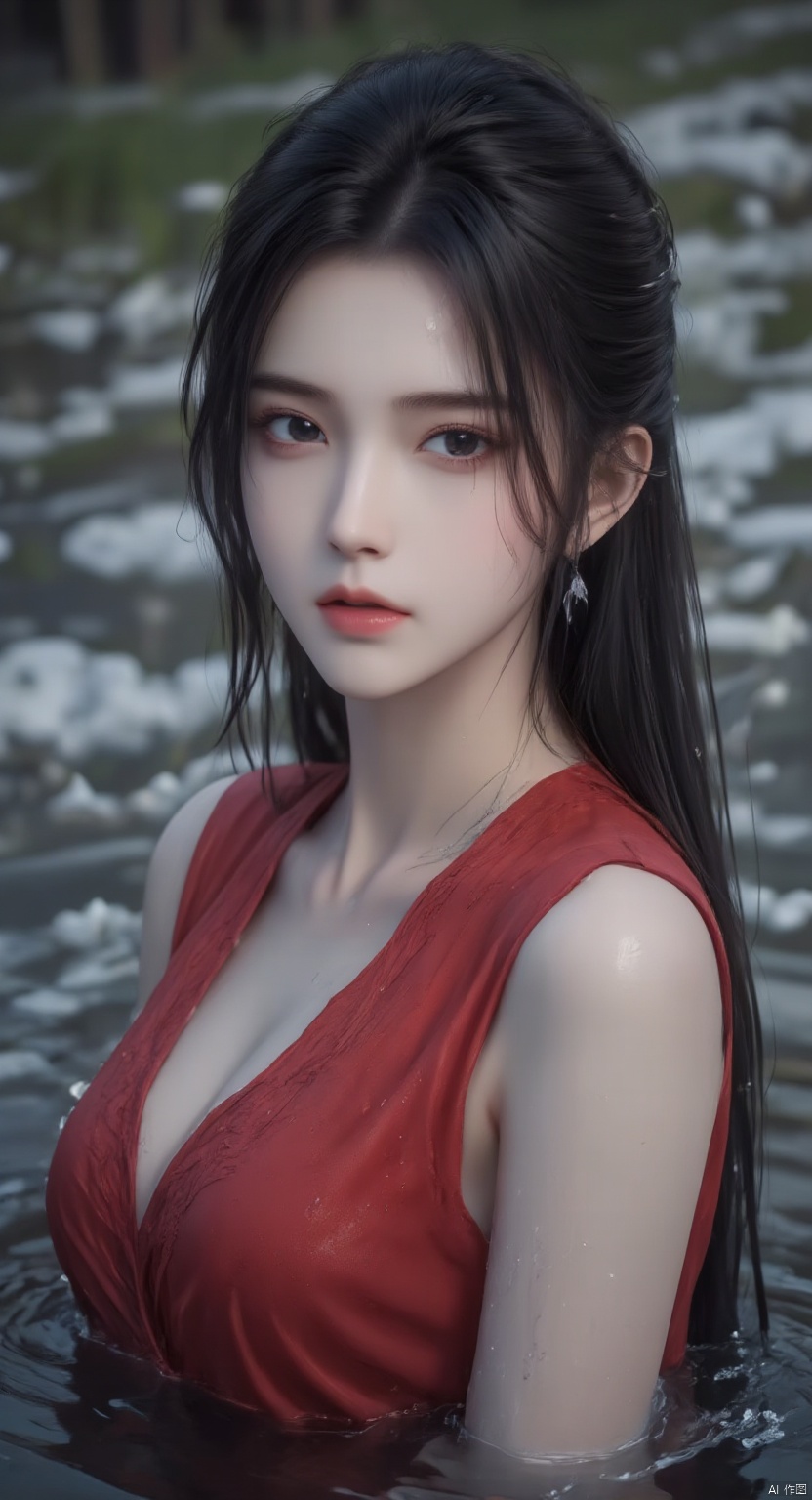 yuanyao,1girl,black hair,long hair,red dress,dress,solo,looking at viewer,upper body,sleeveless,breasts,sleeveless dress,,bust,upper_body,portrait,(((water drops)),wet clothes,((beautiful detailed water)),((floating)),dynamic angle:1.1),