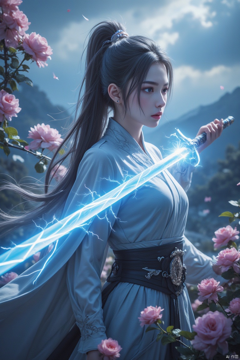1girl,solo,hair ornament,(pony-tail:1.2),(holding a long sword:1.2),(the sword comes with lightning effects:1.2),flower,outdoors,sky,looking_to_the_side,masterpiece,best quality,official art,extremely detailed CG unity 8k wallpaper,light rays,(lightning element:1.4),