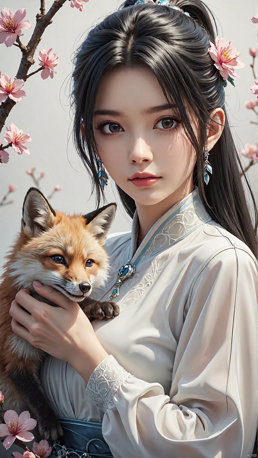 masterpiece,best quality,ultimate detail,illustrations,ultra high definition,ultra detail,8k resolution,ultra high resolution,best image quality,high detail,master's masterpiece,detailed filling,Correct scale,1girl, flower, hair ornament, fox, long hair, hair rings, dress, black hair, upper body, chinese clothes, branch, jewelry, hair flower, long sleeves, earrings, holding animal, animal, looking at viewer