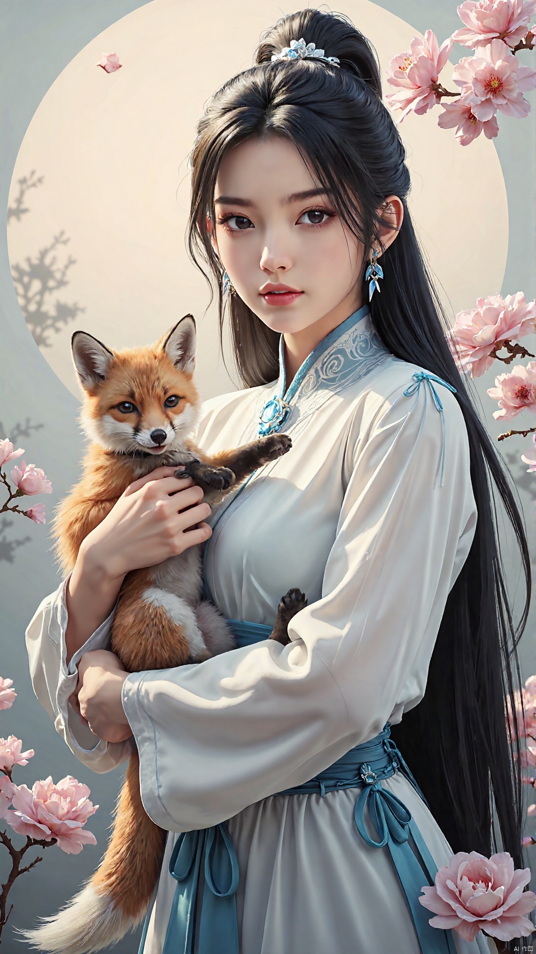 masterpiece,best quality,ultimate detail,illustrations,ultra high definition,ultra detail,8k resolution,ultra high resolution,best image quality,high detail,master's masterpiece,detailed filling,Correct scale,1girl, flower, hair ornament, fox, long hair, hair rings, dress, black hair, upper body, chinese clothes, branch, jewelry, hair flower, long sleeves, earrings, holding animal, animal, looking at viewer