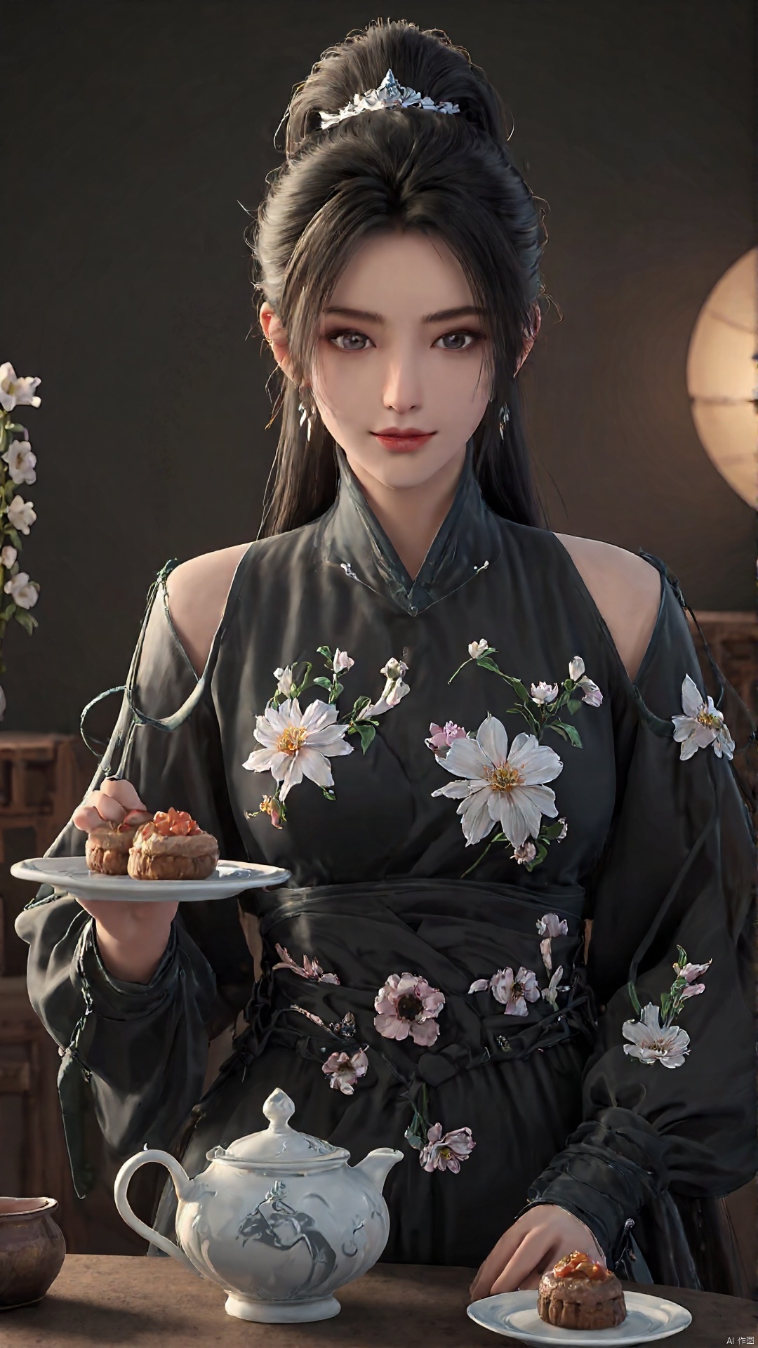 Portrait photography, a beautiful woman in black kimono adorned with flowers. is wearing a black cheongsam, holding a plate of mooncakes in her hand, a tea set on the table, Off shoulder,sexy