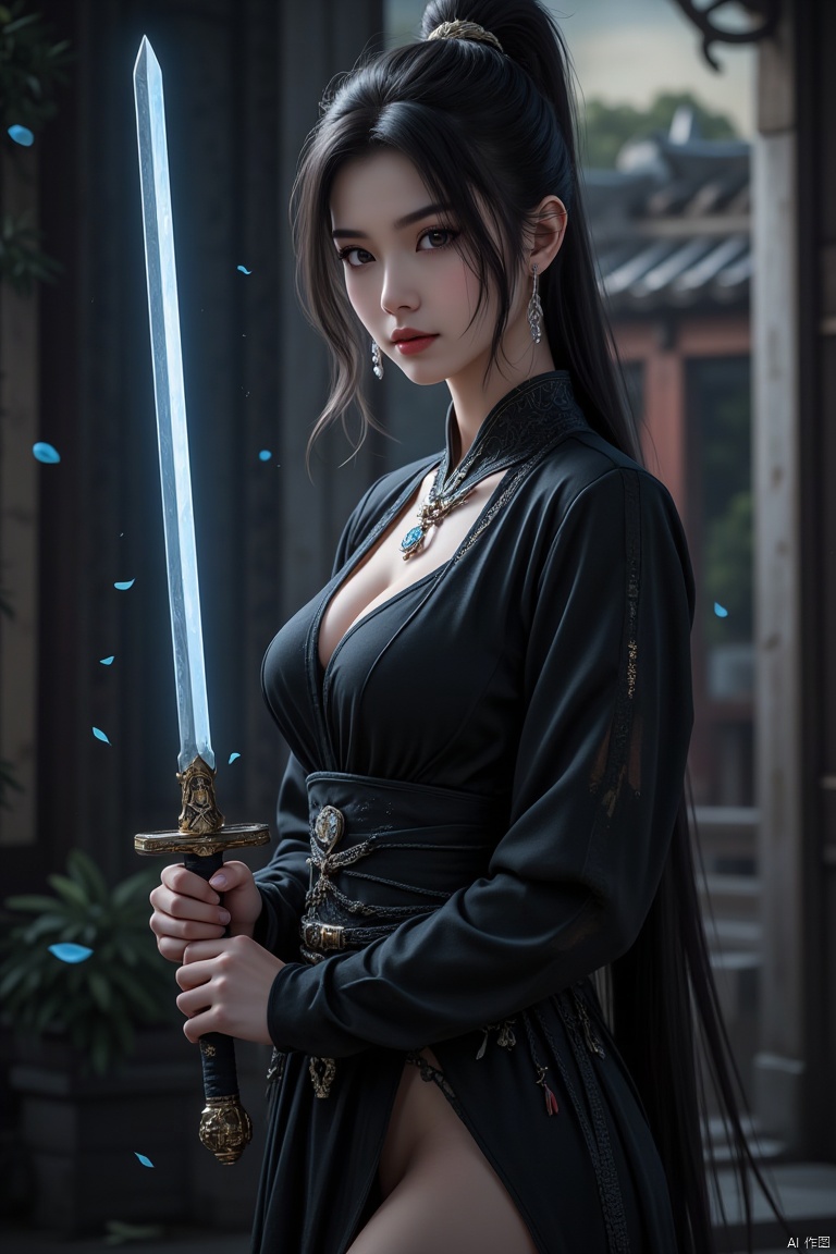 ,XUER martial arts style,1girl,very long hair,(black attire),(asian:1.1),beautiful face,chinese building,east asian architecture,holding sword,masterpieces,inctricate detailed,detailed background,insane quality,extremely beautiful and dedicated,realistic,real,absurdres,ultra-high resolution,sharp focus,dark,chiaroscuro,low-key,shining sword,glowing sword,,bare thighs,(big breasts),flying light particles,falling petals,Crepuscular Rays,